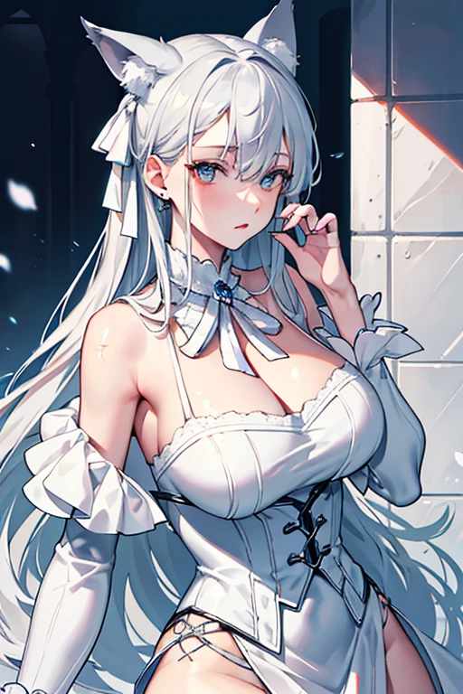 best qualtiy,tmasterpiece,The is very detailed,4K,Gray hair and shallow eyes,Drag cool expressions,Wolf ears,Erect scar on the left eye,British style,1girl,Absolutely beautiful, big bust, white costume, ear ribbon
