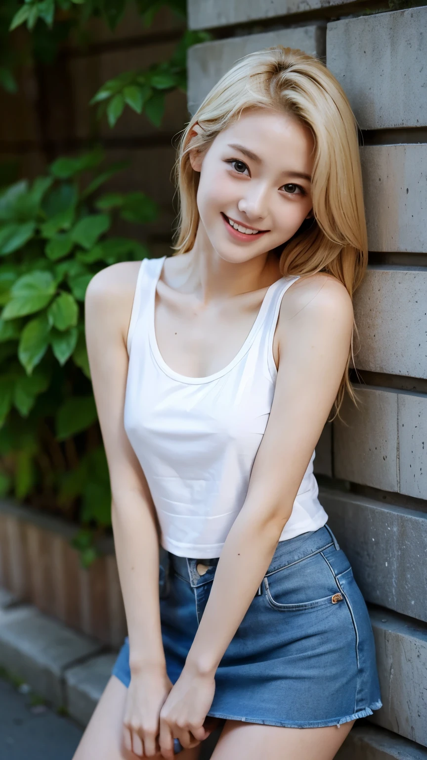 highest quality、Tree Eyes、Bad Girls、Leaning against a wall、Sweaty、Small breasts、Orgasmic face、Japanese、20age、Blonde、Tank top、mini skirt、Mischievous Smile