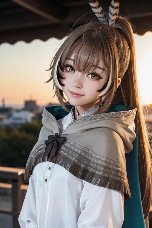 Best quality, 8k, hdr, highres, masterpiece, realistic, a young Asian girl, cute face, sexy face, looking at viewers, hairpin, smiling, dagger, cape, light yellow eyes, long hair, very long hair, shining eyes, ponytail ,street