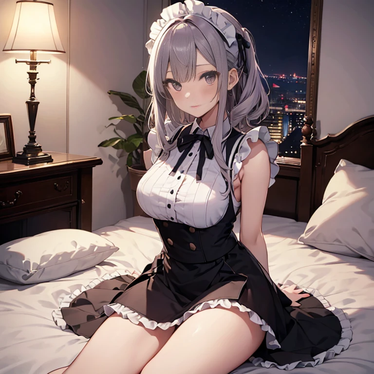 A maids, (in bedroom), various hair styles, night, details face, short skirt, seducing, sleeveless, maid uniform, armpits, , on bed