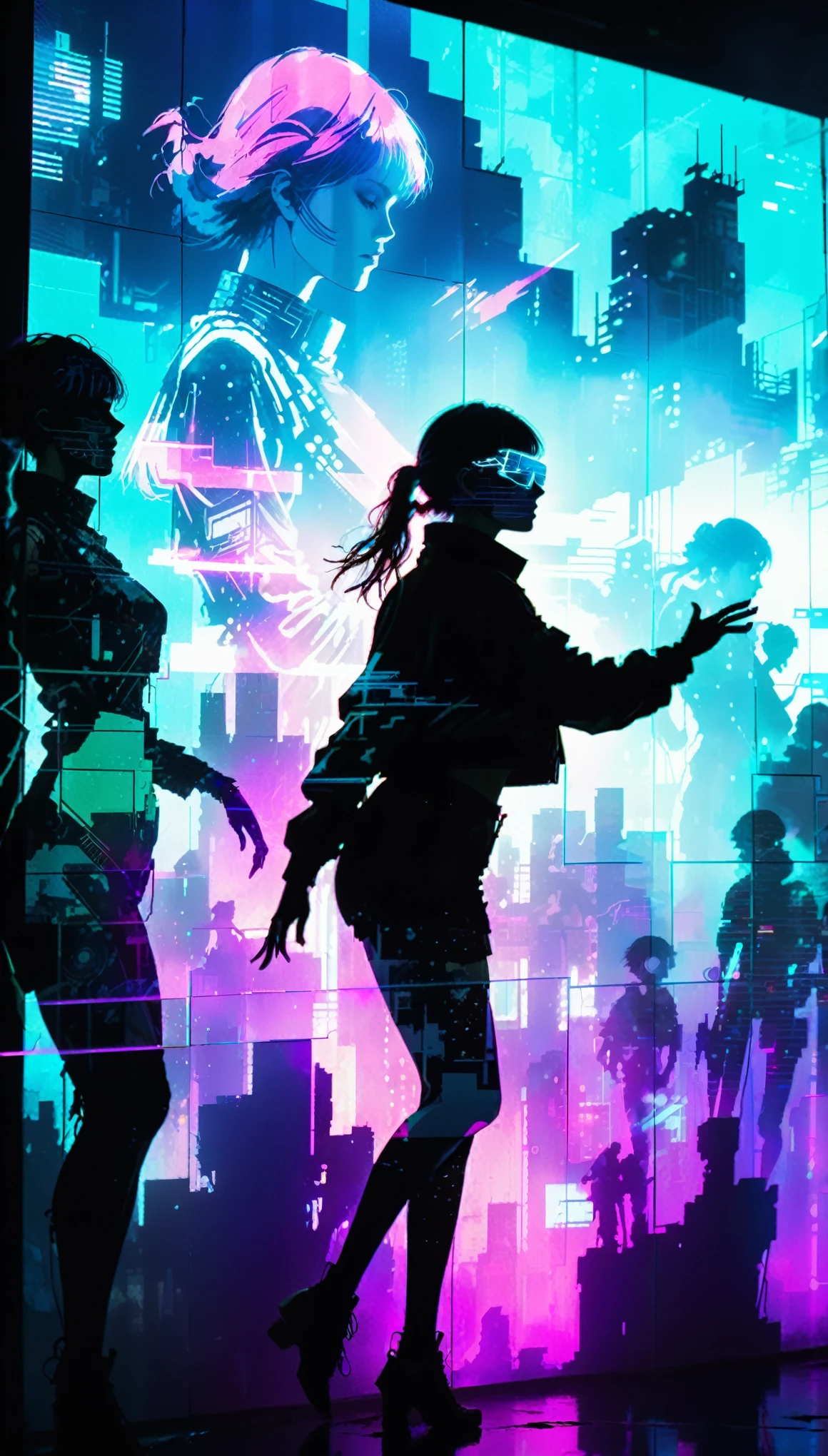 in style of Harry Clarke,(in style of Ashley Wood:1.4),
(double exposure:1.4),1 huge silhouette of a girl and eerie projection of a battle city,thrilling footage exposed,cyberpunk vaporwave,holographic projection,(posing,Dynamic Action:1.8)