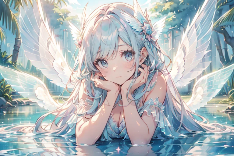 A dynamic and attractive pose, impressive composition, attractive art design (using watercolor-like textures), a cute 6--old utiful angel in a moe anime style, wearing a water-themed outfit full of delicate lace and frills, giving off a cute and soothing vibe. (((She has six large, translucent, shining angel wings. The middle wing is large and spreads outwards, the upper wings spread outwards and upwards, and the lower wings spread outwards and downwards. They come in pairs of three, emphasizing a very divine atmosphere))), A very delicate and beautiful evening beach with a gentle atmosphere wrapped in soft colors and fantastic light, cute, soothing, adorable, dynamic, magical fantasy, highest quality, highest quality, landscape output