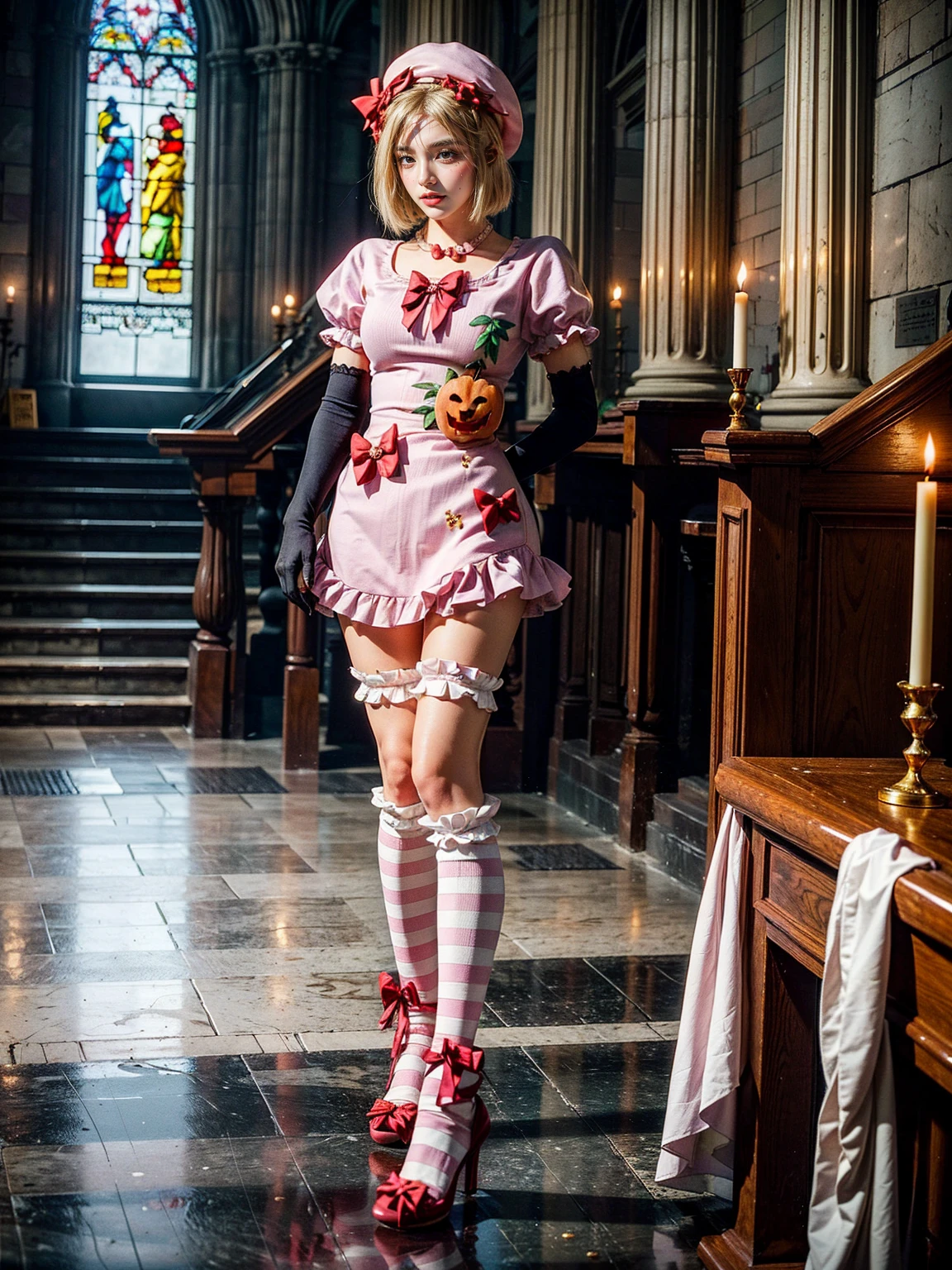 (1 lady), The beautiful, (Best quality at best:1.4), (ultra - detailed), (extremely detailed CG unified 16k), gold blonde hair, very detailed, High-definition RAW color photo, professional photoshooting, amazing face and eyes, cosmetics, (amazingly beautiful girl), ((lambdadelta, tall woman, taller)), ((dress, shoes bow, red shoes, striped stockings, red bow, pink hat, necklace, gloves, pearl, pumpkin brooch, pink dress)), standing, sexyposture,(Dark and stylish cathedral, stained glass, altar, before the altar, candle lights, candle lights:1.3), (look from down), realistic cinematic face, head to feet long wide zoomed out view, full body long view, photorealistic, ((realistic natural blonde hair style, honey eyes)), gorgeous, extremely beautiful face, perfect model beauty, pout mouth, flirting smile, cleavages, city girl, western, shopping in the city, (masterpiece), best quality, high resolution, extremely detailed, blurred background, depth of field, cinematic lighting, (amazing legs, strong legs, athletic legs), high heels, clear and well-cared skin