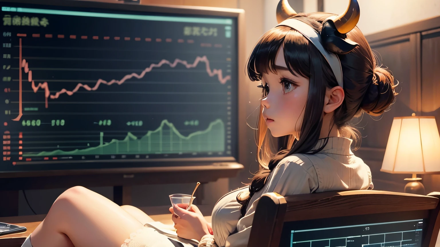 In the background, a full-screen exchange chart、A girl wearing a cow horn headband has a candlestick chart filling the background.、Ghibli style
