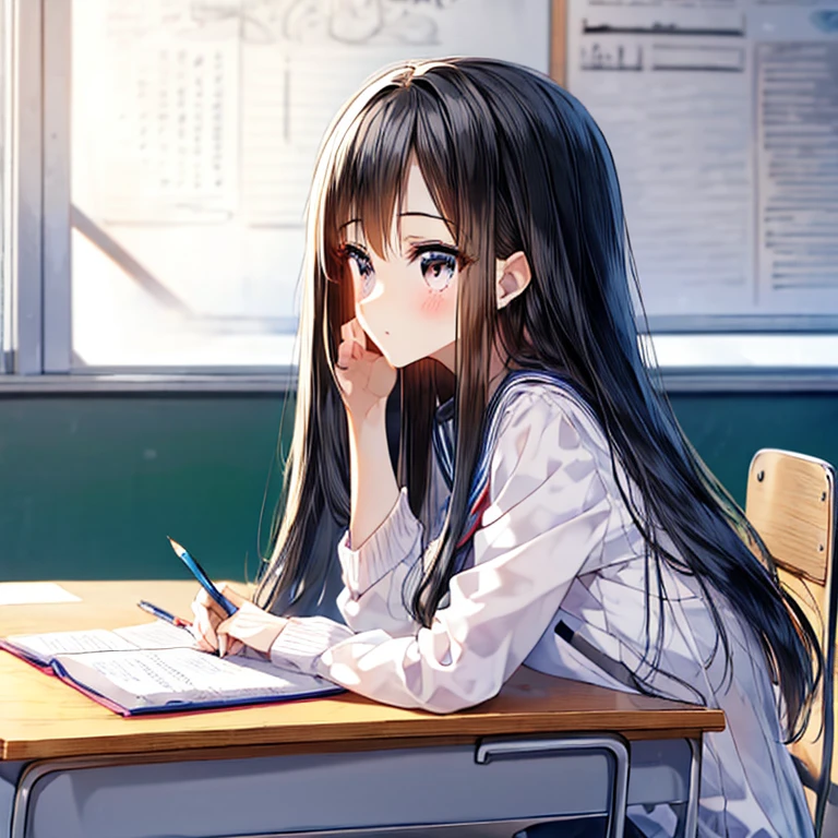 (masterpiece, best quality:1.2), 1 anime girl with long black hair ,school,(exam:1.3),classroom,study,perfect face, huge class, having a pencil, writing, taking a note ,1 girl,(solo:1.3),