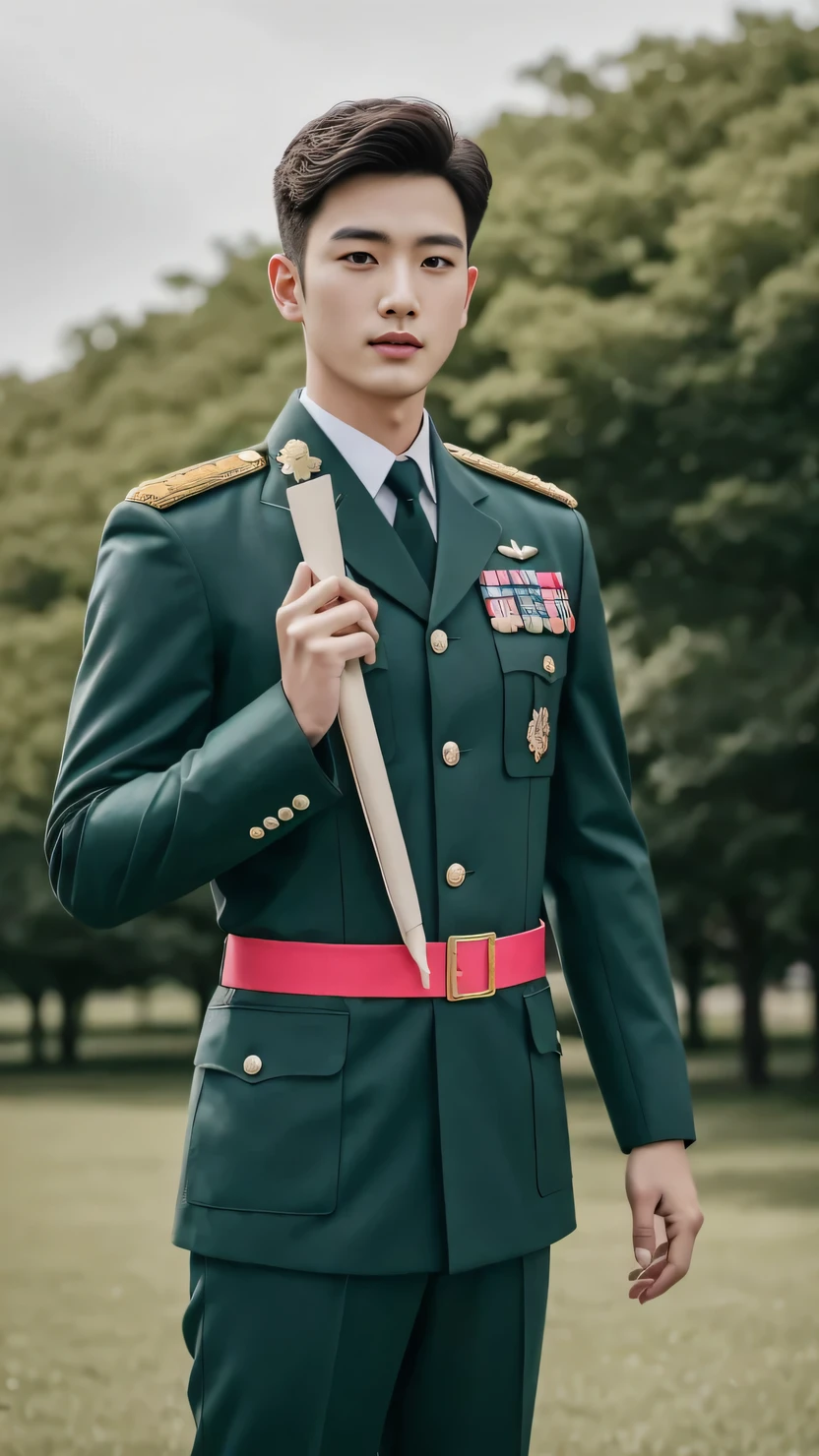 8k,（masterpiece）,Best quality,2d,Asian men,Wearing embroidered guards,Wearing military uniform,yanjun chengt,Wearing a full set of army green,officer,Unified background,Wearing a general's uniform,Topless photos,Green Clothing,Holding carnation flowers,Happy Mother's Day,Holding a big pink flower,Holding big pink flowers,Muscle Man，Handsome hairstyle，Wearing military uniform
