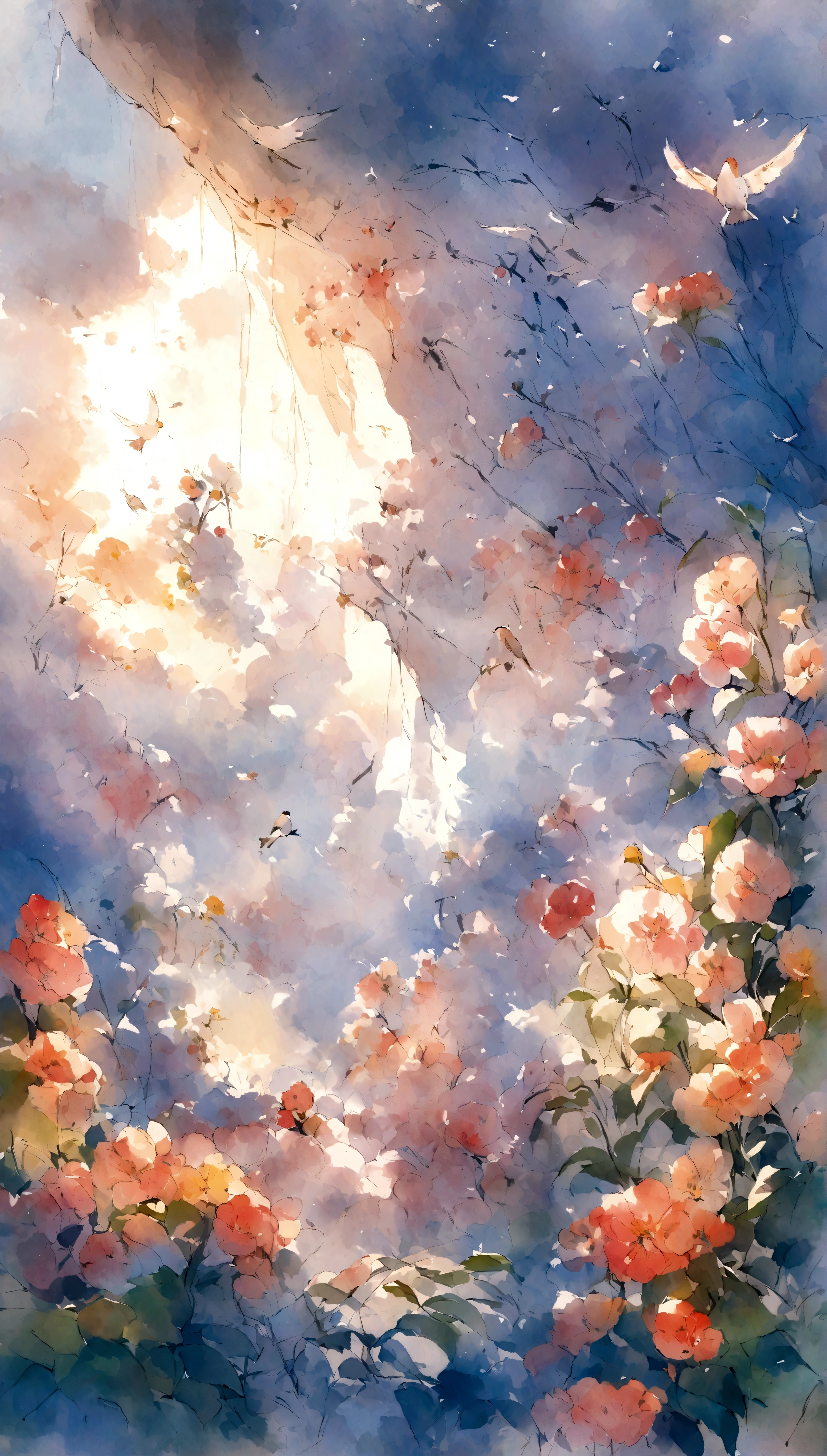 Flowers and birds, sketching, Watercolor color.
