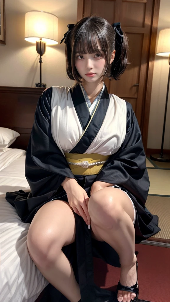1girl beautiful::5, gorgeous::5, breath taking, deadly, feudal japan, edo period, night, japanese highres, short hair, dark hair, black hair, green eyes, almond shaped eyes, eyes wide::5, thin lips, parted lips::5, mouth open::5, mouth agape::5, solo ((masterpiece)), photo referenced::5, pale skin, tenchu kunoichi professional, ultra high res kuugire stealth, soft feminine facial features, button nose, 25 years old, seductive look, arrogant look, sinister look, detailed face, shocked expression::5 afraid::5, etailed eyes, dark blue kimono feet foot, toes, toe, underwear panties, black stockings, black socks, pose bent, long kimono, pantyhose, shadow eye make-up, zako, Dress in blue, short kimono and wear protective socks, holding dual tanto