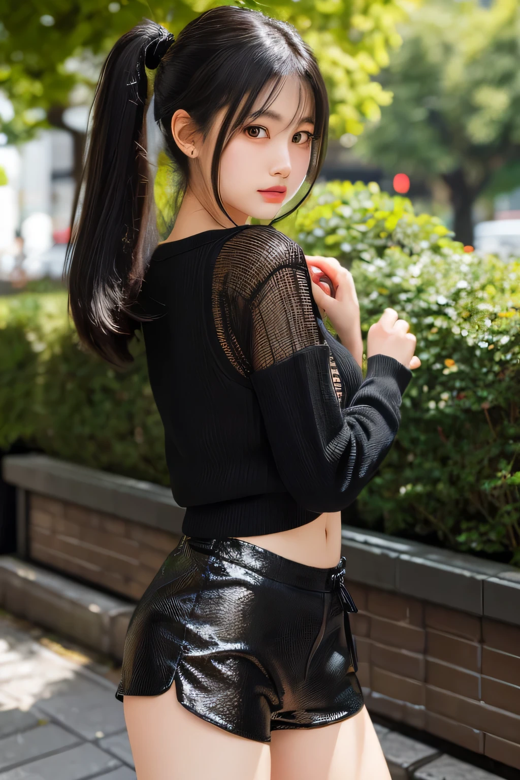 High quality, best quality, 4k, 8k, photorealistic A 20 year old Japanese woman is standing outdoors in a bright sunny day. She has shiny black hair in a ponytail, beautiful sparkling black irises, and is wearing a black wire mesh sweater and small red shiny shorts. She has her hands clasped together in a natural pose. The background is blurred, but some greenery and buildings are visible, giving the feeling of being in a well-maintained urban area.