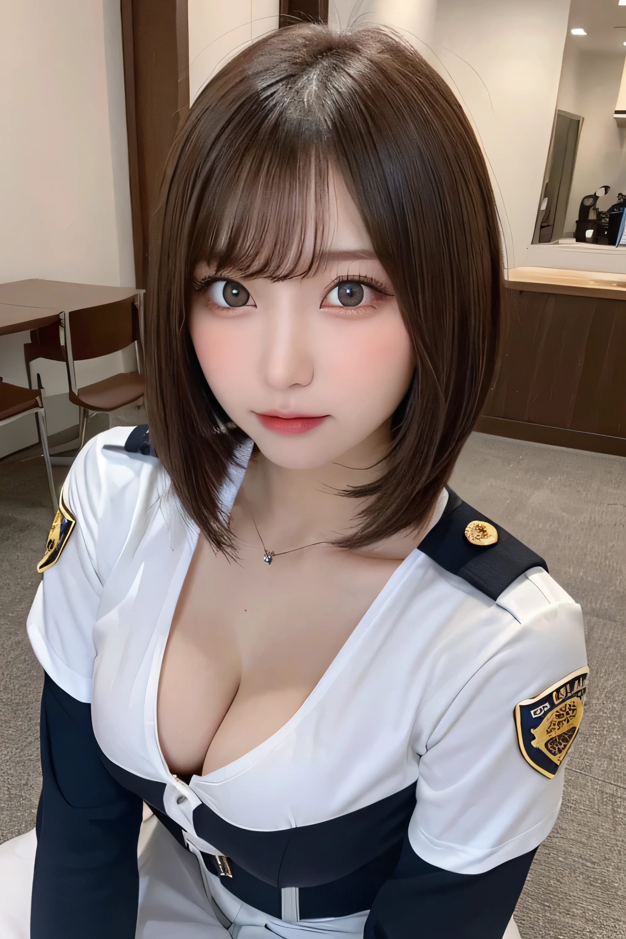 Tabletop, highest quality, One Girl, (beautiful girl:1.3), (18-year-old:1.3), Very good eye clarity, (Symmetrical eyes:1.3), (Police Costume:1.2), Beautiful breasts,Big Breasts,Big Breasts,Visible cracks, Brown eyes, Parted bangs, Brown Hair,Police uniform revealing cleavage,erotic,The finer details