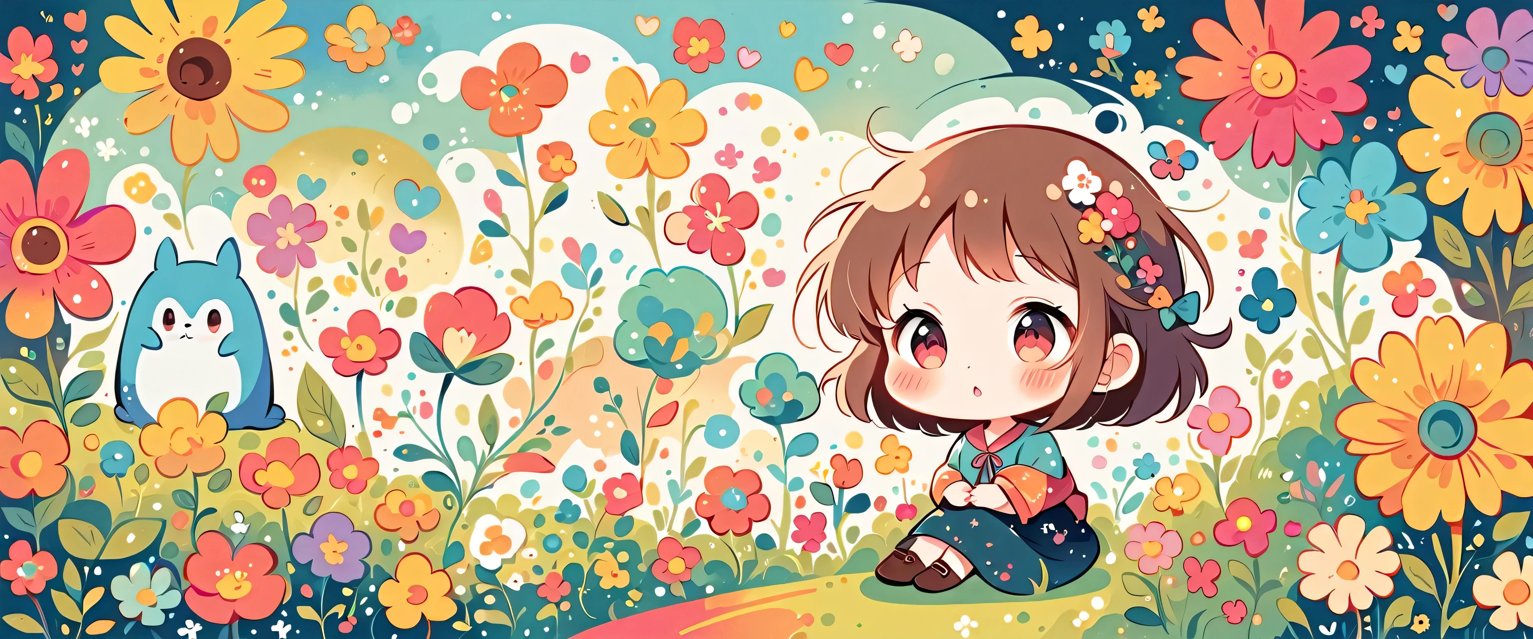 Watase Seizo style、The most beautiful girl of all time、Lips in Love、Colorful flowers、Simple line initials、Abstract art、(((chibi))), Colorful and cute alien, Totoro Forest
