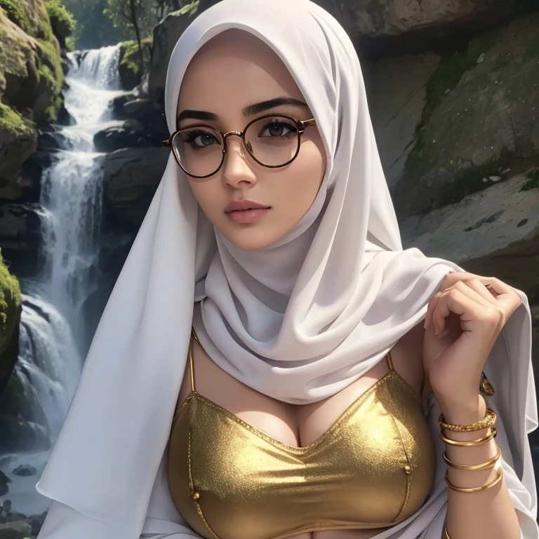 A beautiful high school glasses Arabian 17 years old girl model, white skin, sharp nose, thin lips, circle face, skinny hand, tight bra, huge breast, off shoulder, wearing hijab, golden indian bangle and bracelet, golden necklace, golden swiss polo watch, waterfall background, background looks so clear, street photography, realistic photos, 85mm lens, ultra HD, cinematic, very detailed, sharp focus detailed squinting eyes, detailed horny face