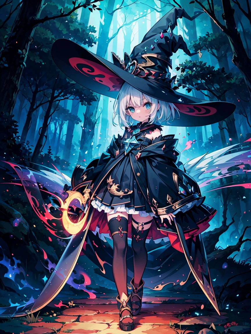 (masterpiece), highest quality, Very detailed, A Magus girl with white hair holdding a magical Sickle, Witch Hat, Giant horns, Frilled short skirt, Red and black outfit, Sickle, magic lights, The background is a dark forest