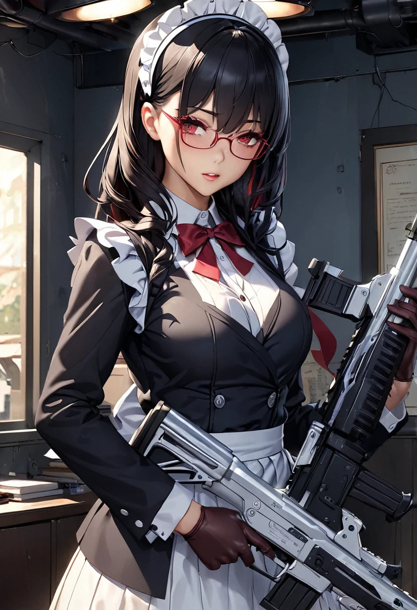 (Perfect Anatomy)、Mastepiece、Ultra High Quality、 8K、Photorealistic、masterpiece、highest quality、Ultra-high resolution、Maximum resolution、Very detailed、Professional Lighting、anime、Adult female、thin、so beautiful、Highly detailed eye、high school girl、Maid clothes、Equipped with an assault rifle、(((Scar L )))、Red Eye、Black Hair、Long hangerless gloves、Red glasses、Join the battlefield alone、Holding a gun with both handovement to protect the master