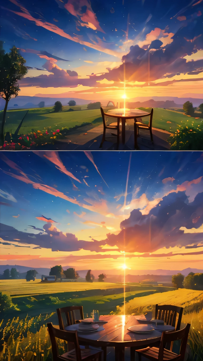 The sun is setting in the west,The sunset dyes the countryside golden。The wheat waves sway,Farmhouses scattered,Smoke from cooking。The creek is babbling,Weeping willows,Sky colorful clouds,Quiet and beautiful。(Logo、Astonishing、8K、On the table、RAW photos、最high quality、Photorealistic and Very detailed、CG、high quality、Very detailed、Story Poems、Particle Effects、dynamic effect、Text border depth、light、lens flare、Ray tracing、On the table、real、Ultra high quality、fantasy)
