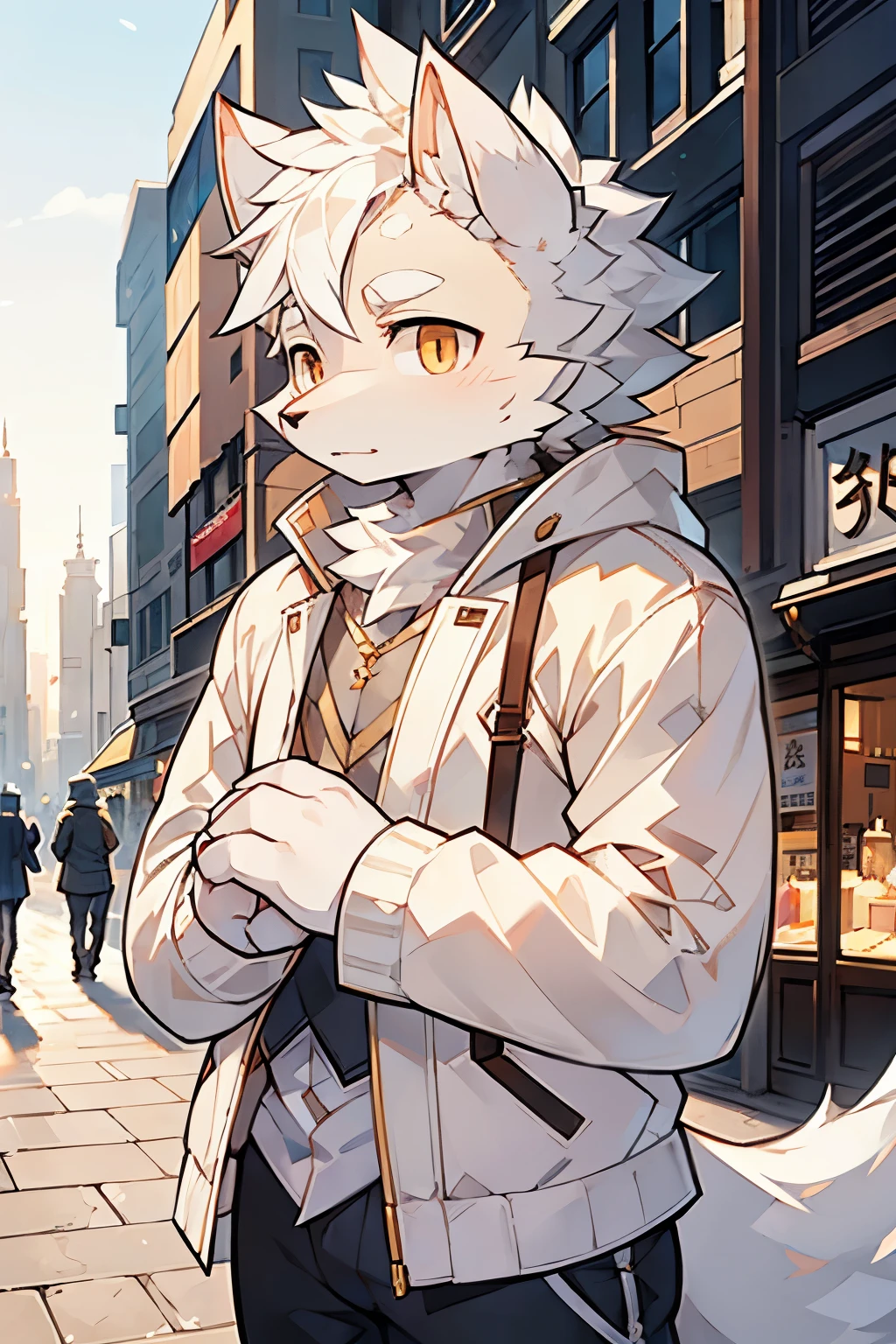 Exquisite lines,best quality。male,White Wolf Orcs,whiteshortcoat,White shorts,Golden pupils,Background city bustling streets,daytime