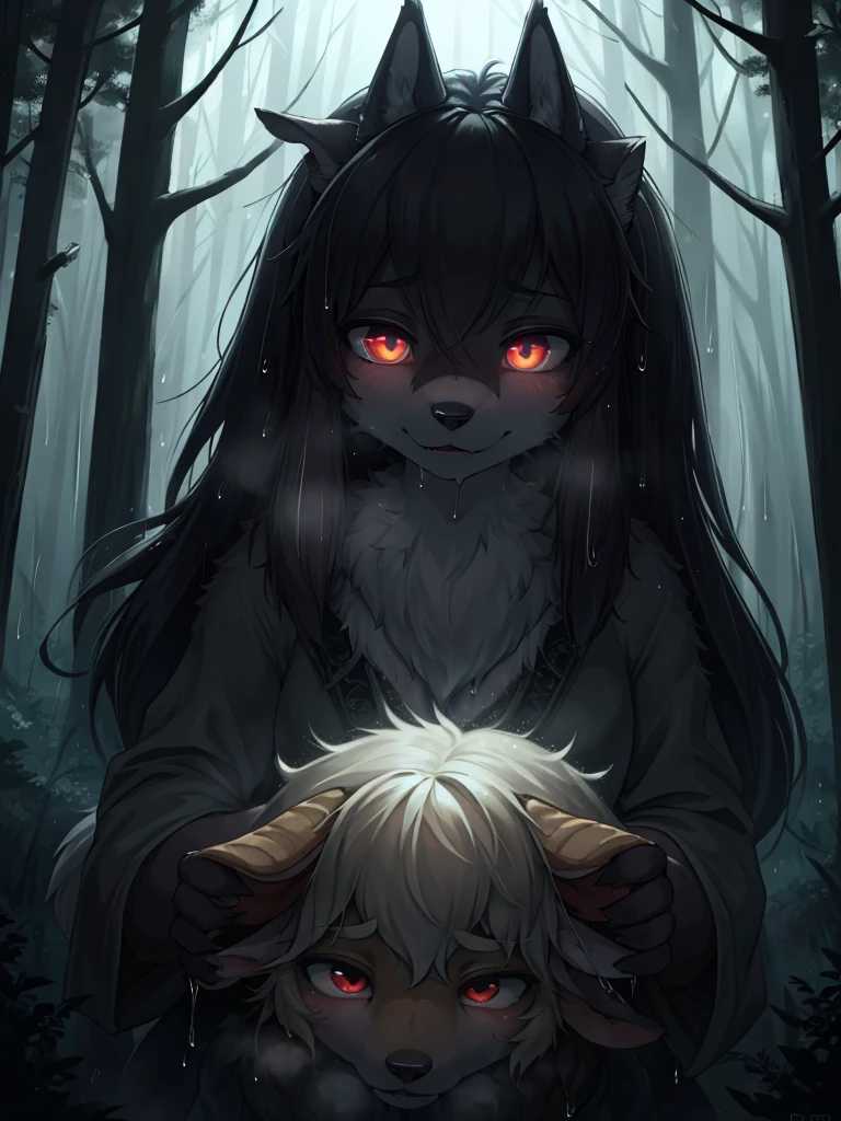 doggystyle,cum on body,deer girl furry　brown long hair　deer ears　red ribbon in hair　　nipple　　Hairy skin　cute　beautiful　best image quality　highest quality　very delicate　mysterious　in the forest