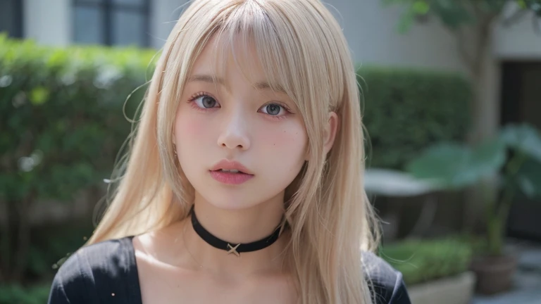 (Long Hair, bangs, Platinum Blonde Hair:1.2),(Put on a choker, Wear a black blouse:1.2),1 girl,Japanese,21 years old,(Small breasts:1.3),(highest quality,masterpiece:1.3,超A high resolution,),(Ultra-detailed,Caustics),(Photorealistic:1.4,RAW shooting,)Ultra-Realistic Capture,Very detailed,High resolution 16K human skin close-up。 Natural skin texture、,Pores、、It needs to be detailed enough to be easily identifiable。 Skin should be even-toned and healthy looking。 Use natural light and colour, Sad expression, Looking at the camera, Perfect dynamic composition, Outdoor