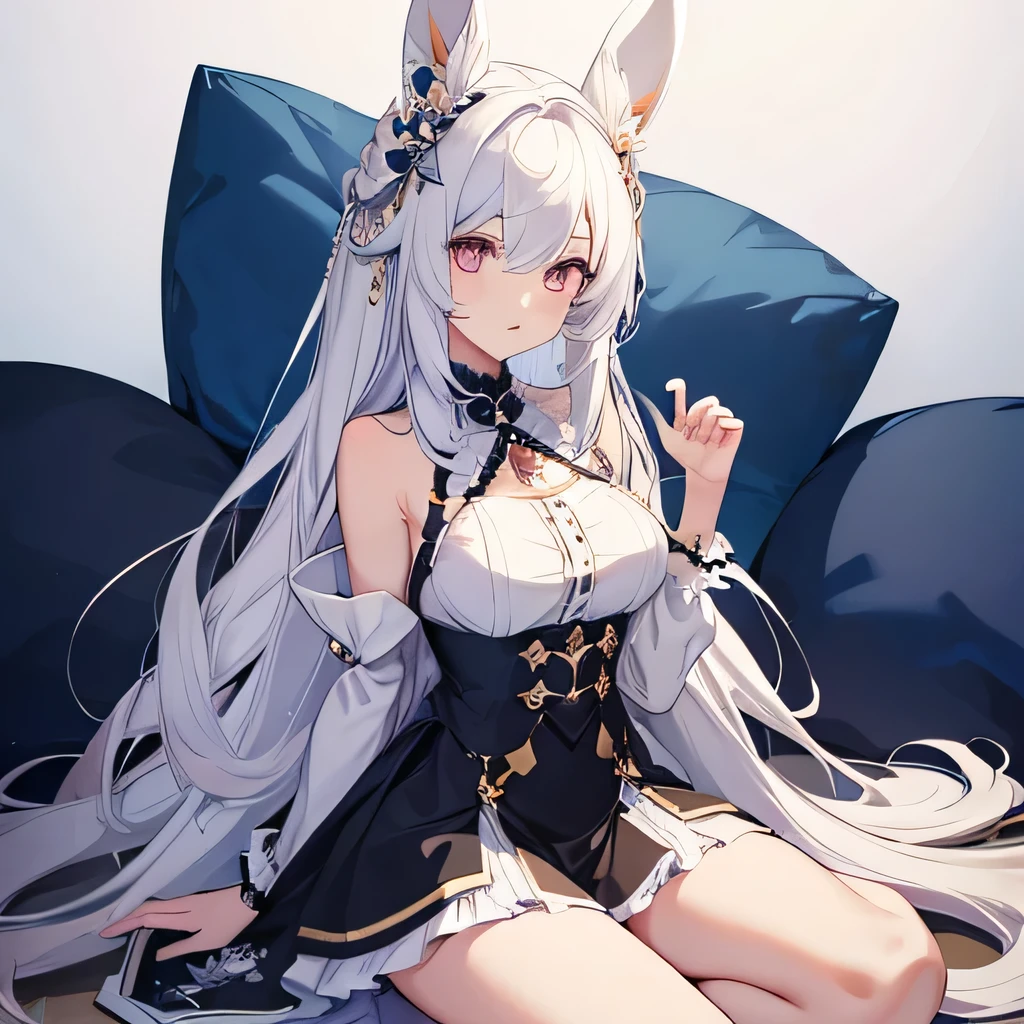 genshin impact, female, original character, make her inspired off of a sea bunny and make her look ethereal. bunny ears, pearls in hair, lots of accessories, pretty color palette, detailed outfit, high quality, pretty eyes, pearls, jewelry, pearls, pearls in hair, hydro vision, long white hair. reference pictures. HALF BODY. GIVE HER SHORTS. NO SKIRT. for the pose, make her have her knees up to her chest sitting. HALF BODY ONLY NOT FILLY BODY, HALF BODY, HALF BODY, HALF BODY.