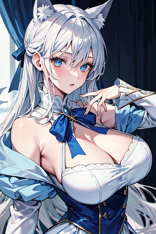 best qualtiy,tmasterpiece,The is very detailed,4K,Gray hair and shallow eyes,Drag cool expressions,Wolf ears,Erect scar on the left eye,British style,1girl,Absolutely beautiful, big bust, blue white costume, ear ribbon