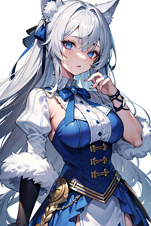 best qualtiy，tmasterpiece，The is very detailed，4K，Gray hair and shallow eyes，Drag cool expressions，Wolf ears，Erect scar on the left eye，British style，1girl，Absolutely beautiful, big bust, white costume