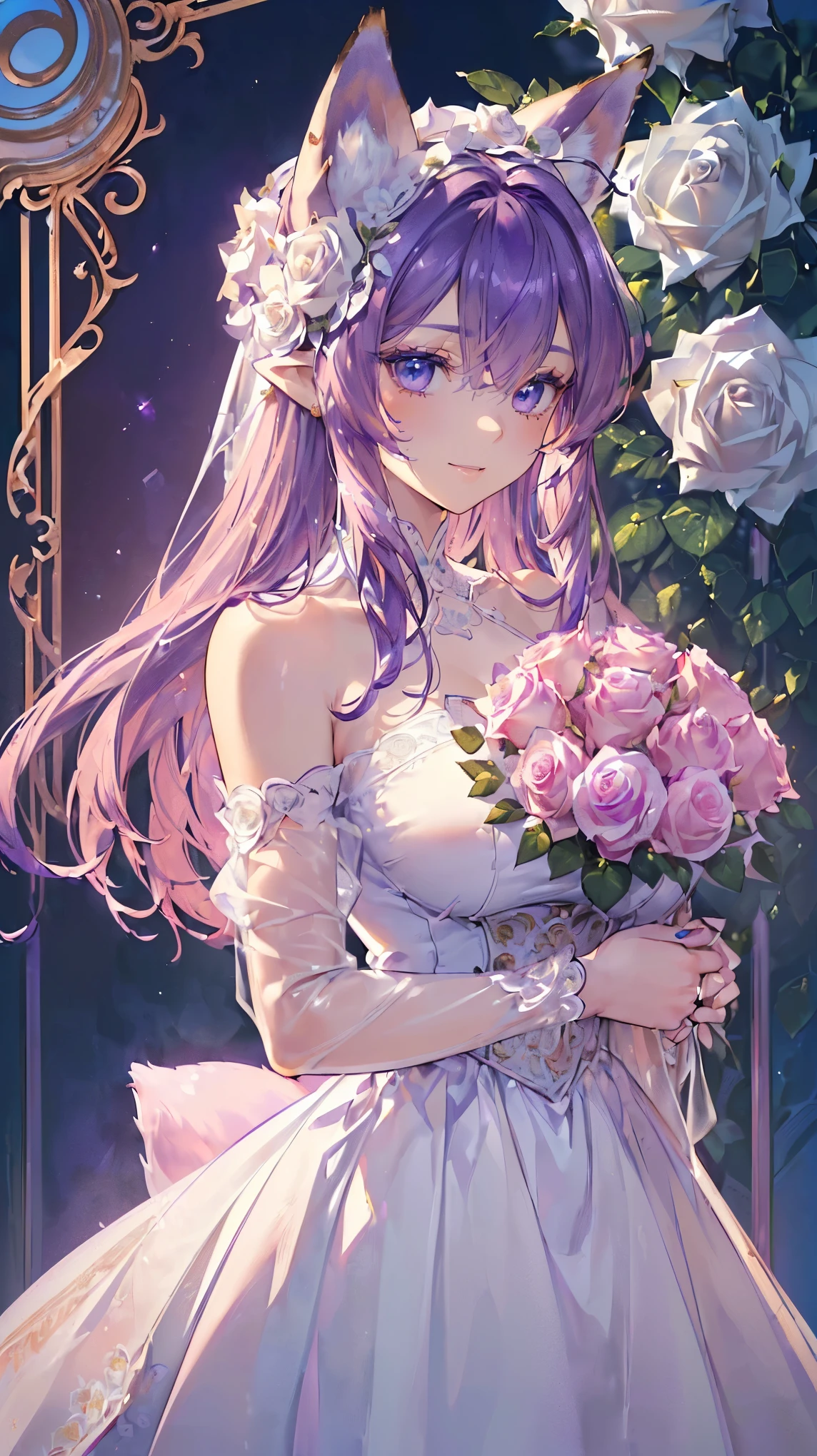 (((Masterpiece))), (((Highest quality))), ((Ultra-detailed)), ((Super fine illustration)), ((Ultra-fine painting)), (16K highest quality wallpaper:1.4), (Upper body:1.6), (Highly detailed and delicate illustration style:1.8), Detailed skin texture, Detailed cloth texture, Detailed rose flower texture, Extreme detailed description, (Highly detailed face:1.4), (Highly detailed beautiful and adorable Purple fox ears:1.2), (Highly detailed beautiful and shiny Purple hair:1.2), (Highly detailed beautiful and clear eyes:1.2), Original, Intricate details, Super details, Direct light:1.6, (Perfect anatomy:1.4), (Highly detailed hands:1.2), (Highly detailed fingers:1.2), (Highly detailed fingertips:1.2), (27-years-old), (Sexy), (Sexy), (Solo:1.6), ((A very beautiful and attractive Purple fox female fashion model:1.4))
BRAKE
(Beautiful and adorable Purple fox ears:1.6), (Highly detailed and delicate Purple fox ears:1.2), (Beautiful and well-shaped big breasts:1.2), (Beautiful and well-shaped buttocks), (Beautiful and shiny Purple hair:1.6), (Highly detailed and delicate Purple hair:1.4), (Beautiful clear blue eyes that shine with great detail:1.6), (Highly detailed and delicate blue eyes:1.2), (Highly detailed face:1.4), (Smile:1.4), (Looking at viewer:1.4), (Standing:1.4), (Celebration:1.4)
BRAKE
((A beautiful and gorgeous off-the-shoulder princess dress that is detailed and delicate to be worn at celebratory occasions:1.4))
BRAKE
((Holding in both hands a large bouquet of highly detailed and delicate ((white and pink roses)):1.6))
BRAKE
(Celebration:1.4), ((Highly detailed and delicate white rose flower and pink rose flower garden background:1.4), Highly detailed and delicate royal palace courtyard background in just after noon in spring:1.4)
BRAKE
