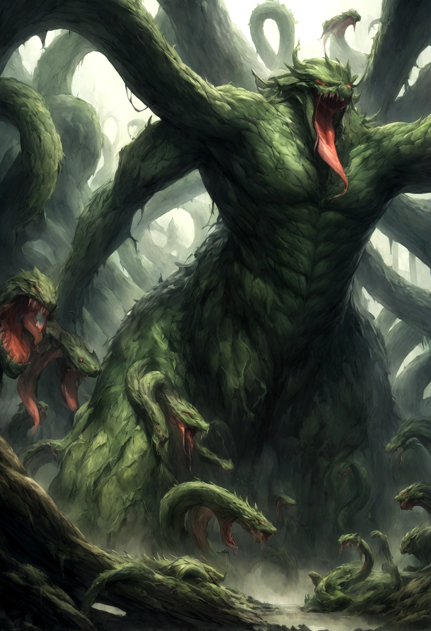n oil painting, Coming down from the sky, A breathtaking masterpiece, Vivid, Caravaggio, 8K,angelicales,Lots of people,Fallen Angel,Duel Night Battle Angel vs Human Many People,9 people prompt:「Appears in Greek mythology、A terrifying many-headed snake monster that grows two heads for every one that is severed、A super-realistic reproduction of the Lernean Hydra、Museum quality rendering。
The main body is a huge, muscular, lizard-like creature at least 50 feet long.、It should be covered in rough green scales and sharp spikes.。The underbelly is sickly yellow/It is green in color.。Body low to the ground、The ends of its thick legs are wicked claws that dig into the ground.。
Nine snake-like necks extend from the body.、Each one is a good 20 feet long.、It is as thick as a tree trunk。On each neck、Red glowing eyes、Flared nostrils spewing toxic green smoke、A cavernous mouth filled with dagger-like fangs、It has a black forked tongue that drips acidic venom.、It has a giant dragon-like head。
The head is、As if they were fighting each other、twist、With a groan、Must be placed in a chaotic state。Dramatic lightingと深い影を使用して、Highlights the tangled mass of hideous mass full of scales and teeth。
In the background、Muddy water and、骨が散らばったtwistた木々You need a toxic environment like a swamp.。Collapsed columns and ancient Greek ruins、You can see it slowly being swallowed by the rotten swamp.。this is、It's a sign of Hydra's power to destroy even the greatest civilizations.。
The overall atmosphere is、Primitive and unstoppable evil、In other words、It is necessary to convey a sense of immortality and regenerative terror that all human effort is in vain.。Of pure malice and destruction.、Capture the essence of an immortal, world-devouring demon。」
This detailed prompt is available in the、From a giant snake-like body and numerous dragon-like heads、Even the desolate swampy environment in which they live、Covers all the main features of the Lernean Hydra。Photorealism、Dramatic lighting、and emphasizes the atmosphere of primal, unstoppable malevolence.。