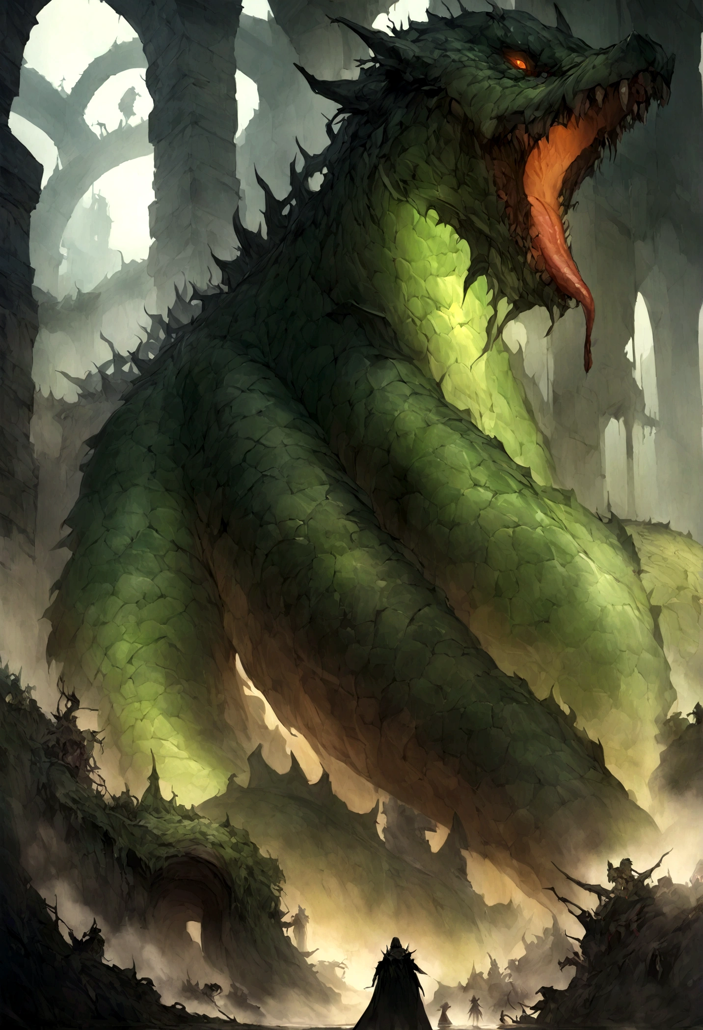 n oil painting, Coming down from the sky, A breathtaking masterpiece, Vivid, Caravaggio, 8K,angelicales,Lots of people,Fallen Angel,Duel Night Battle Angel vs Human Many People,9 people prompt:「Appears in Greek mythology、A terrifying many-headed snake monster that grows two heads for every one that is severed、A super-realistic reproduction of the Lernean Hydra、Museum quality rendering。
The main body is a huge, muscular, lizard-like creature at least 50 feet long.、It should be covered in rough green scales and sharp spikes.。The underbelly is sickly yellow/It is green in color.。Body low to the ground、The ends of its thick legs are wicked claws that dig into the ground.。
Nine snake-like necks extend from the body.、Each one is a good 20 feet long.、It is as thick as a tree trunk。On each neck、Red glowing eyes、Flared nostrils spewing toxic green smoke、A cavernous mouth filled with dagger-like fangs、It has a black forked tongue that drips acidic venom.、It has a giant dragon-like head。
The head is、As if they were fighting each other、twist、With a groan、Must be placed in a chaotic state。Dramatic lightingと深い影を使用して、Highlights the tangled mass of hideous mass full of scales and teeth。
In the background、Muddy water and、骨が散らばったtwistた木々You need a toxic environment like a swamp.。Collapsed columns and ancient Greek ruins、You can see it slowly being swallowed by the rotten swamp.。this is、It's a sign of Hydra's power to destroy even the greatest civilizations.。
The overall atmosphere is、Primitive and unstoppable evil、In other words、It is necessary to convey a sense of immortality and regenerative terror that all human effort is in vain.。Of pure malice and destruction.、Capture the essence of an immortal, world-devouring demon。」
This detailed prompt is available in the、From a giant snake-like body and numerous dragon-like heads、Even the desolate swampy environment in which they live、Covers all the main features of the Lernean Hydra。Photorealism、Dramatic lighting、and emphasizes the atmosphere of primal, unstoppable malevolence.。