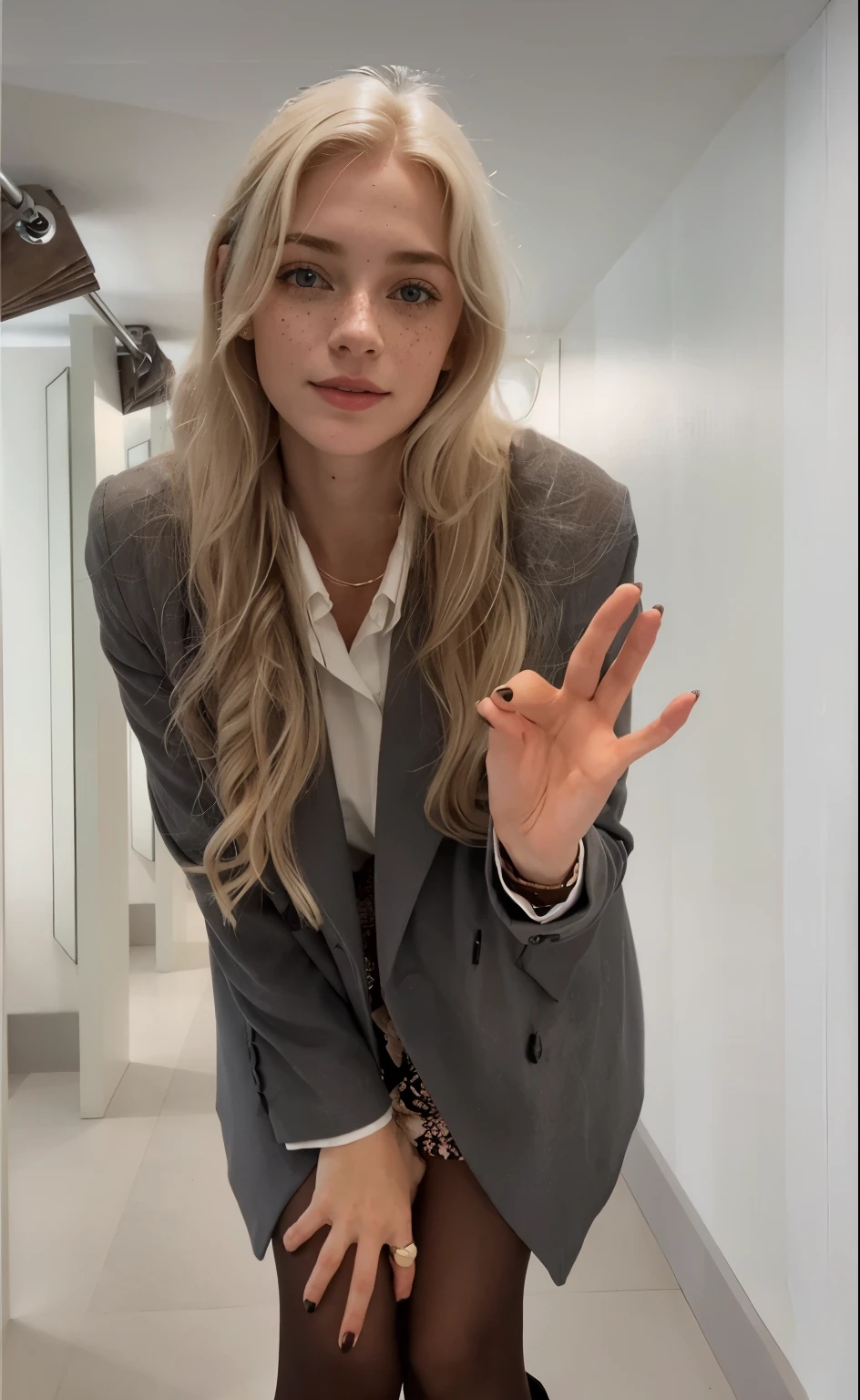 uma mulher, americana, 25 anos, pale skin and freckles, olhos cinzas, nariz delicado, soft and delicate lips, longo, cabelo blondie longo e ondulado na altura da cintura, sorriso meigo, face with delicate feminine facial features, altamente renderizado, white leather pants