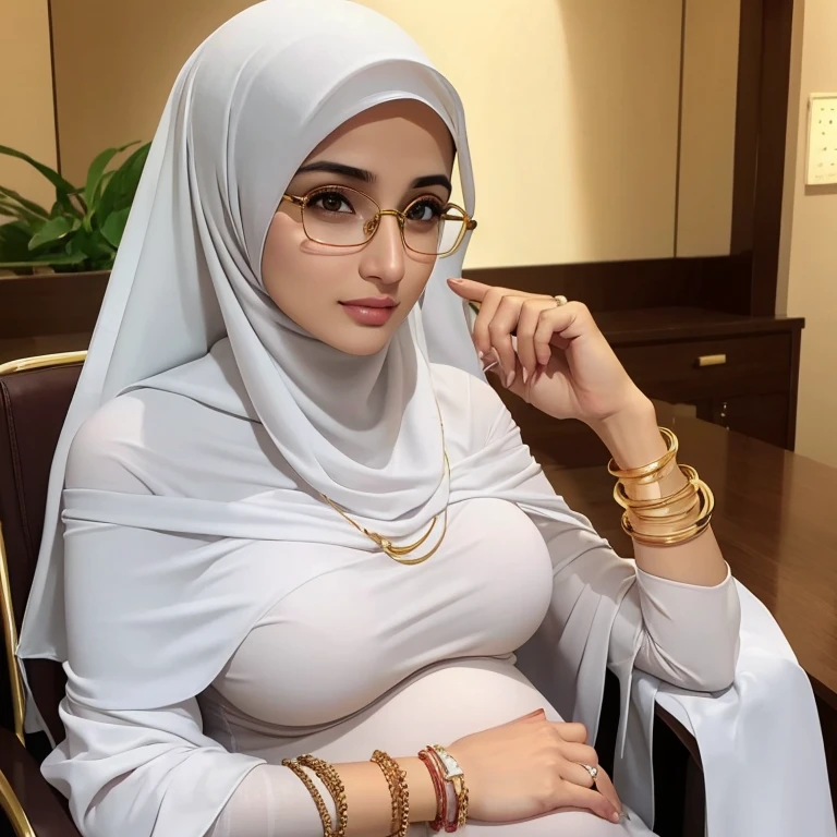 A beautiful high school glasses Arabian 8 months pregnant girl model, white skin, sharp nose, thin lips, circle face, tight bra, big breast, off shoulder, wearing hijab, golden indian bangle and bracelet, golden necklace, golden swiss polo watch, sitting on the wheelchair, detailed squinting eyes, detailed horny face