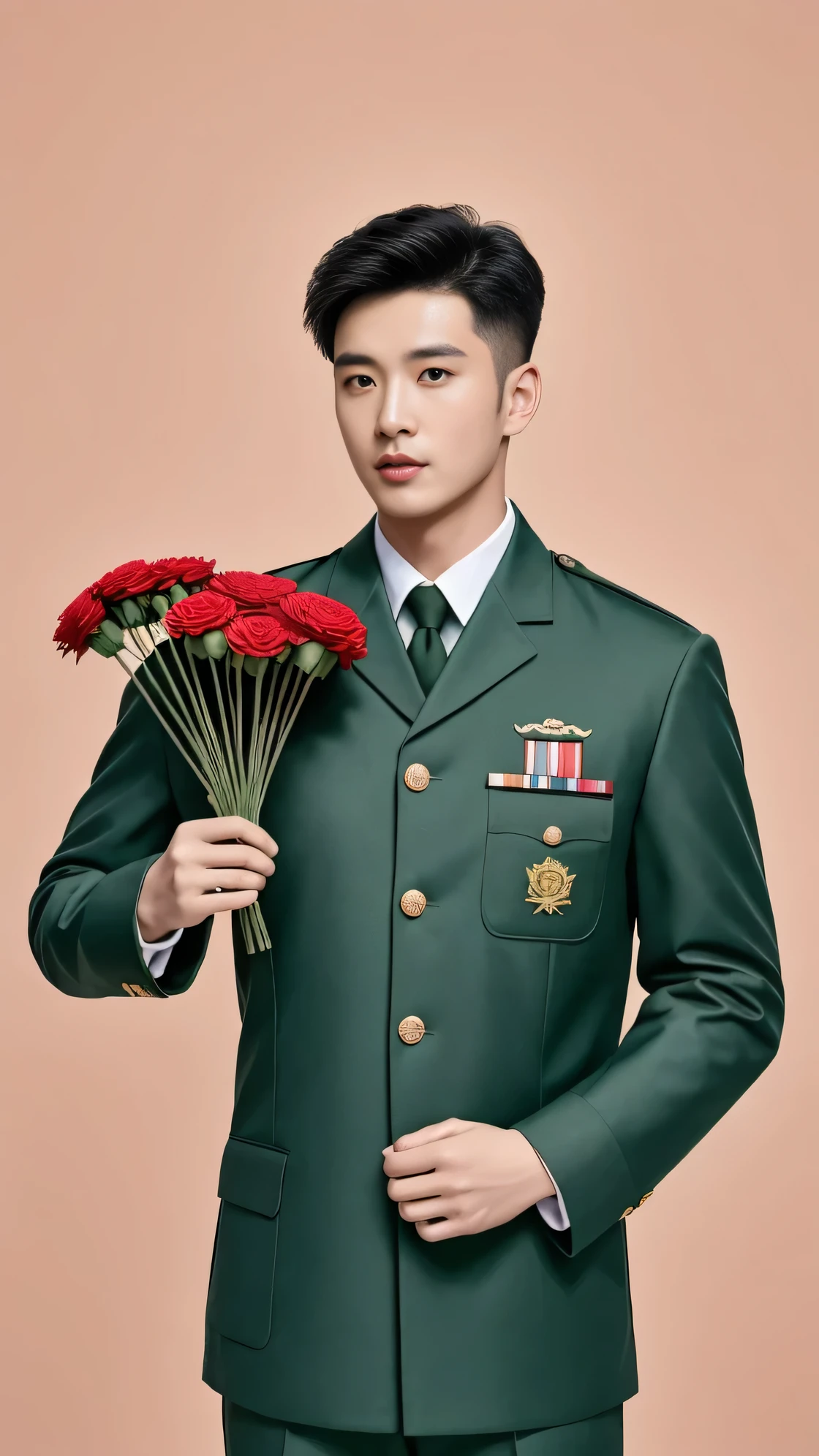 8k,（masterpiece）,Best quality,2d,Asian men,Wearing embroidered guards,Wearing military uniform,yanjun chengt,Wearing a full set of army green,officer,Unified background,Wearing a general's uniform,Topless photos,Holding carnation flowers,,Holding a big pink flower,Holding big pink flowers,Muscle Man，Handsome hairstyle，Simple background
