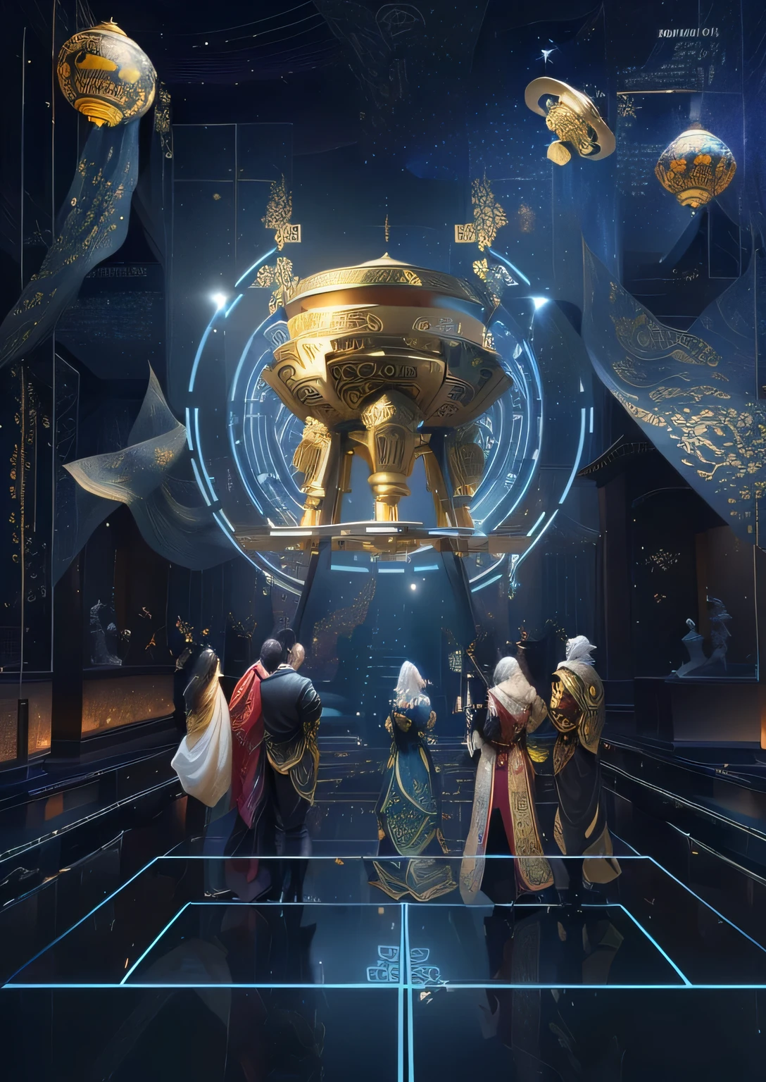 5 people surrounding a golden tripod, Three men and two women, we go deep into the virtual universe, The encrypted metaverse, Computers and holograms, Hologram of the Chinese cultural relic Golden Tripod, Museum Background, virtual metaverse room,Chinese antique elements on both sides are collection cabinets, super detailed SCP cultural relic jars, holographic products, 5 Archaeological Figures, 8k high definition jpeg artifact