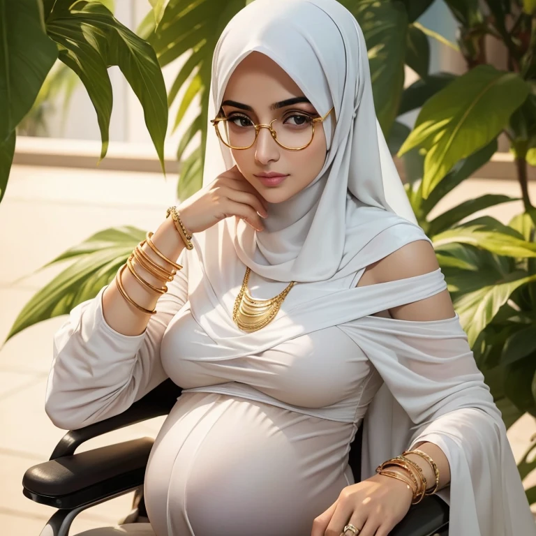 A beautiful high school glasses Arabian 8  pregnant girl model, white skin, sharp nose, thin lips, circle face, tight bra, big breast, off shoulder, wearing hijab, golden indian bangle and bracelet, golden necklace, golden swiss polo watch, sitting on the wheelchair, detailed squinting eyes, detailed horny face