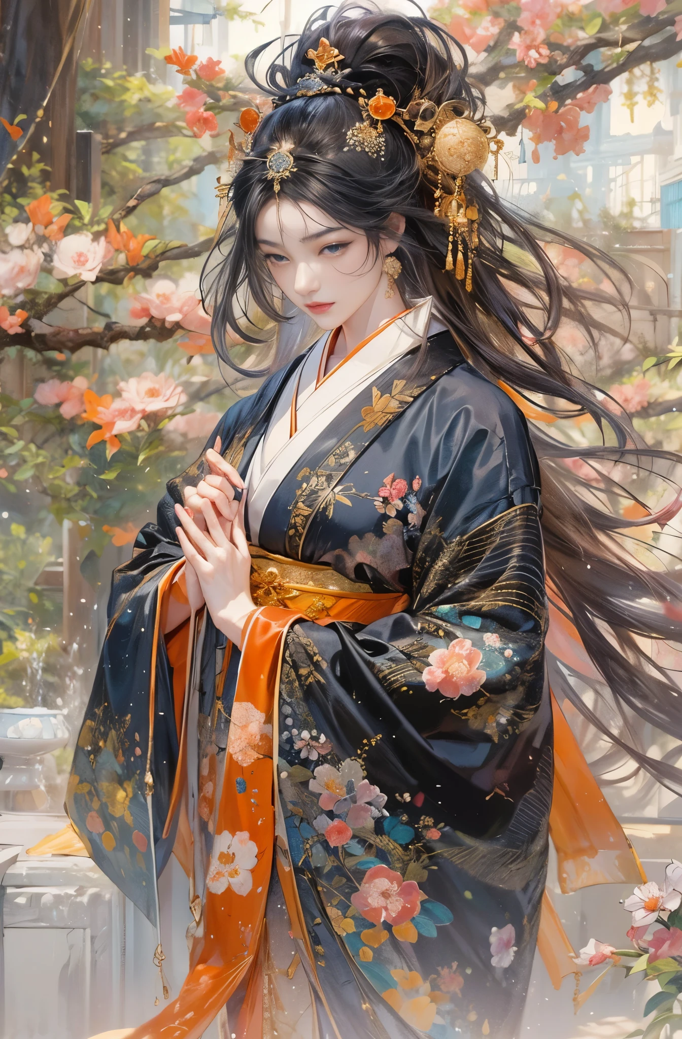 orange tone, Beautiful Courtesan Painting, A beautiful black-haired woman stands, Very long black hair, Bewitching Woman, Beautiful and stylish kimono, Oiran, Courtesan of the highest order, Hundreds of flowers in full bloom, Glamorous and luxurious, A dreamlike sight, Chen Yifei, Beautiful Courtesan Painting, A profusion of flowers, Glamorous and luxurious, Kyoto scenery, Chen Yifeiに影響を与えた作品, Works that influenced Francesco Hayes, Inspired by Hendrik Terbruggen, Jean=Works that influenced Auguste Dominique Ingres, Works that influenced Liu Jun, Jean=Works that influenced Auguste Dominique Ingres, artwork in the style of Gweitz, by ヤン・J, Gweitz, Beautiful Art UHD 4K, Detailed painting 4k, Beautiful digital art, Beautiful artwork illustration, Gweitz masterpiece, By Chen Yanjun, Li Song, highest quality, The perfect angle, Perfect composition, Best Shot, Official Art, Cinematic Light, Figurative art, Beautiful and expressive paintings, Beautiful artwork illustration, wonderful, Cool Beauty, clear, Muromachi Fantasy, Mysterious, Mysterious, highest quality, Official Art, Extremely delicate and detailed painting style, Beautiful and subtle effects, Beautiful painting art, The pinnacle of beauty painting, Perfect light, Perfect composition, The perfect angle, Perfect subject, Best Shot, women only, Sharp contours, pretty much beautiful face, Very beautiful and detailed, Delicate and beautiful eyes, Rashomon, Close-up