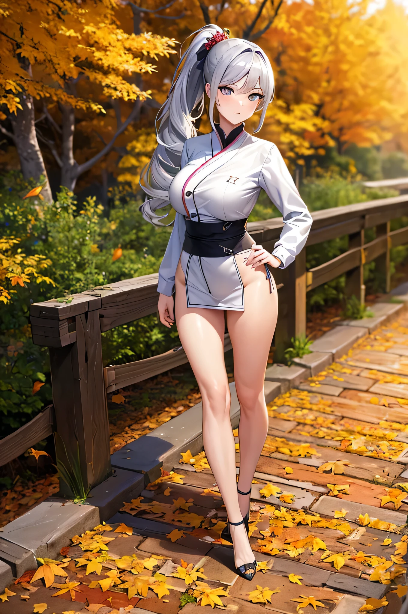 (masterpiece,best quality,ultra detailed,ultra high res,8k),1girl,hands behind,Slim Body,Tall Body,ninja,sigh,side ponytail,silver hair,flower kanzashi,looking at viewer,Button Nose,high heels,Low-angle,Sunny,autumn leaves