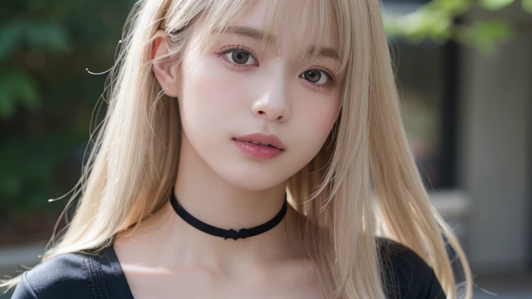 (Long Hair, bangs, Platinum Blonde Hair:1.2),(Put on a choker, Wear a black blouse:1.2),1 girl,Japanese,21 years old,(Small breasts:1.3),(highest quality,masterpiece:1.3,超A high resolution,),(Ultra-detailed,Caustics),(Photorealistic:1.4,RAW shooting,)Ultra-Realistic Capture,Very detailed,High resolution 16K human skin close-up。 Natural skin texture、,Pores、、It needs to be detailed enough to be easily identifiable。 Skin should be even-toned and healthy looking。 Use natural light and colour, Sad expression, Looking at the camera, Perfect dynamic composition, Outdoor