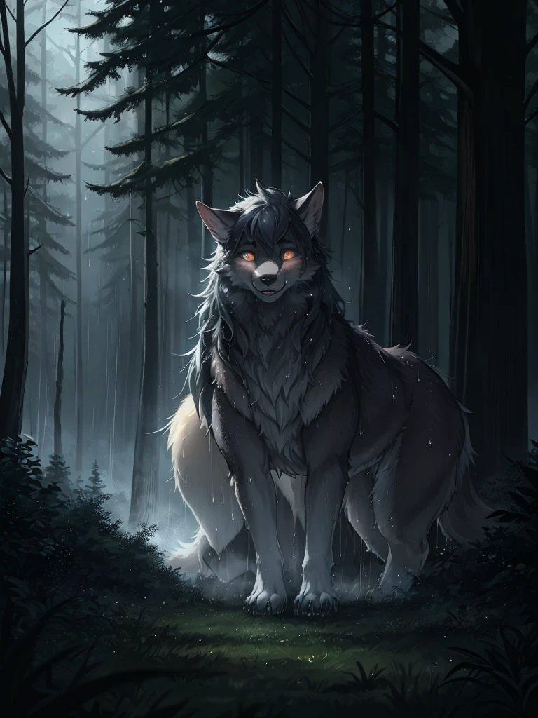Hallucination, daydream , Fear , Fantastic , bokeh , hairy fur , haunted foggy forest , female wolf , heavy rain , dripping wet , with sheep in the dark , steamy breath , Predator Eyes , can not stand it any longer , (Attacking sheep that have wandered into the forest)