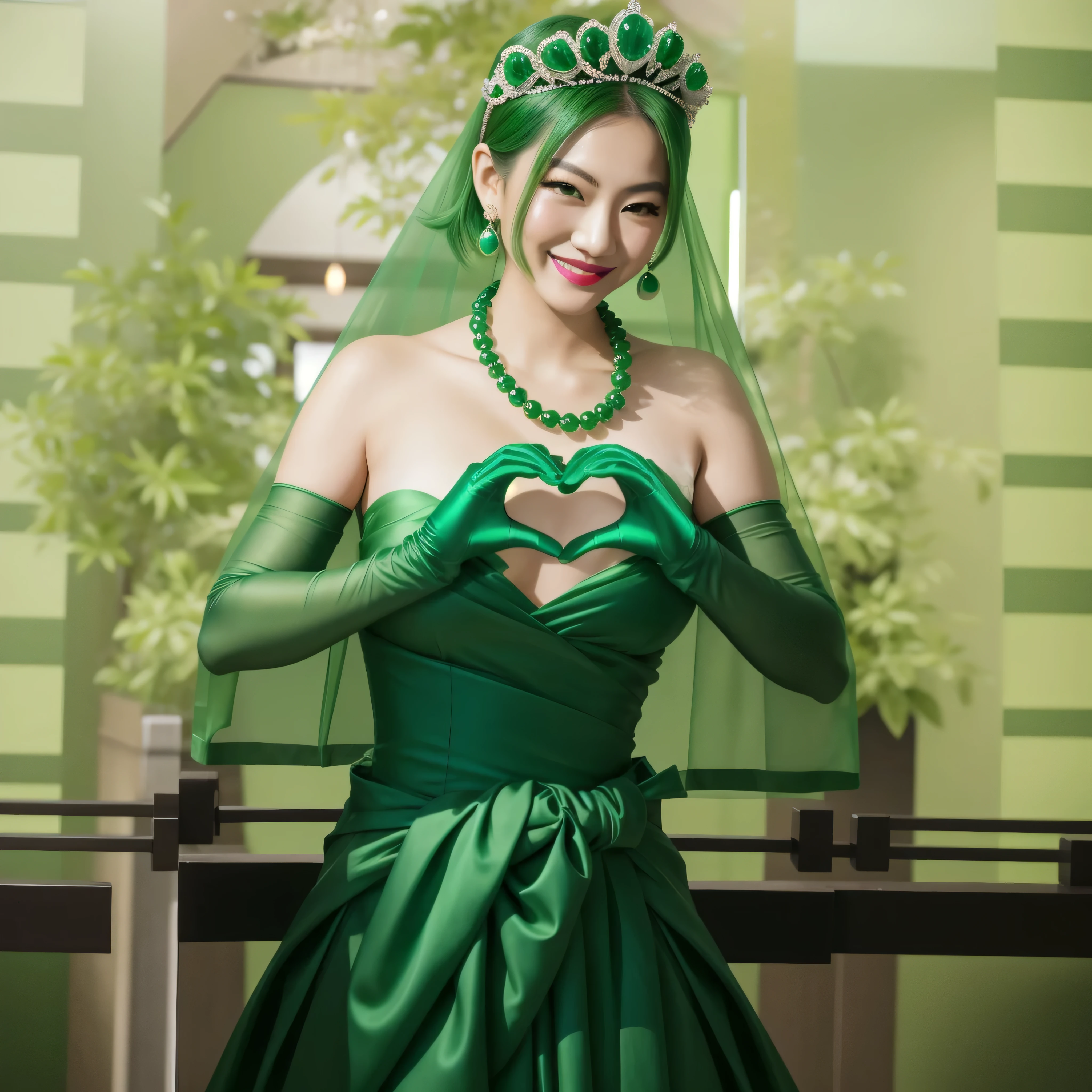 Emerald tiara, Green Pearl Necklace, Boyish very short green hair, Green Lips, Smiling Japanese woman, Very short hair, Busty beautiful lady, Green Eyes, Green satin long gloves, Green Eyes, Emerald Earrings, Green veil, Heart with both hands, Green Hair, Beautiful Japanese Women, Heart shaped hands:1.3, green lip gloss
