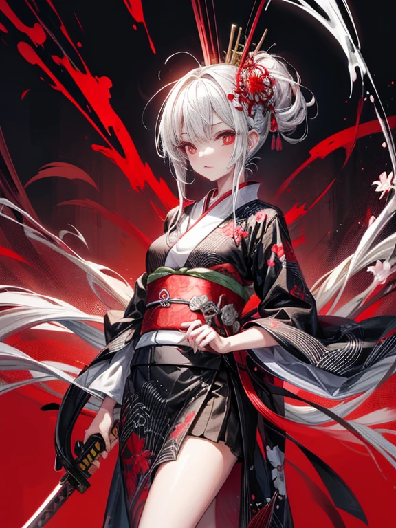 A girl in a kimono standing with a Japanese sword, White medium hair, Red eyes, Red lips, Kimono with red spider lilies on a black background, Red splash pattern on a black background, super high quality, Ultra-fine detail, Ultra-thin kimono pattern
