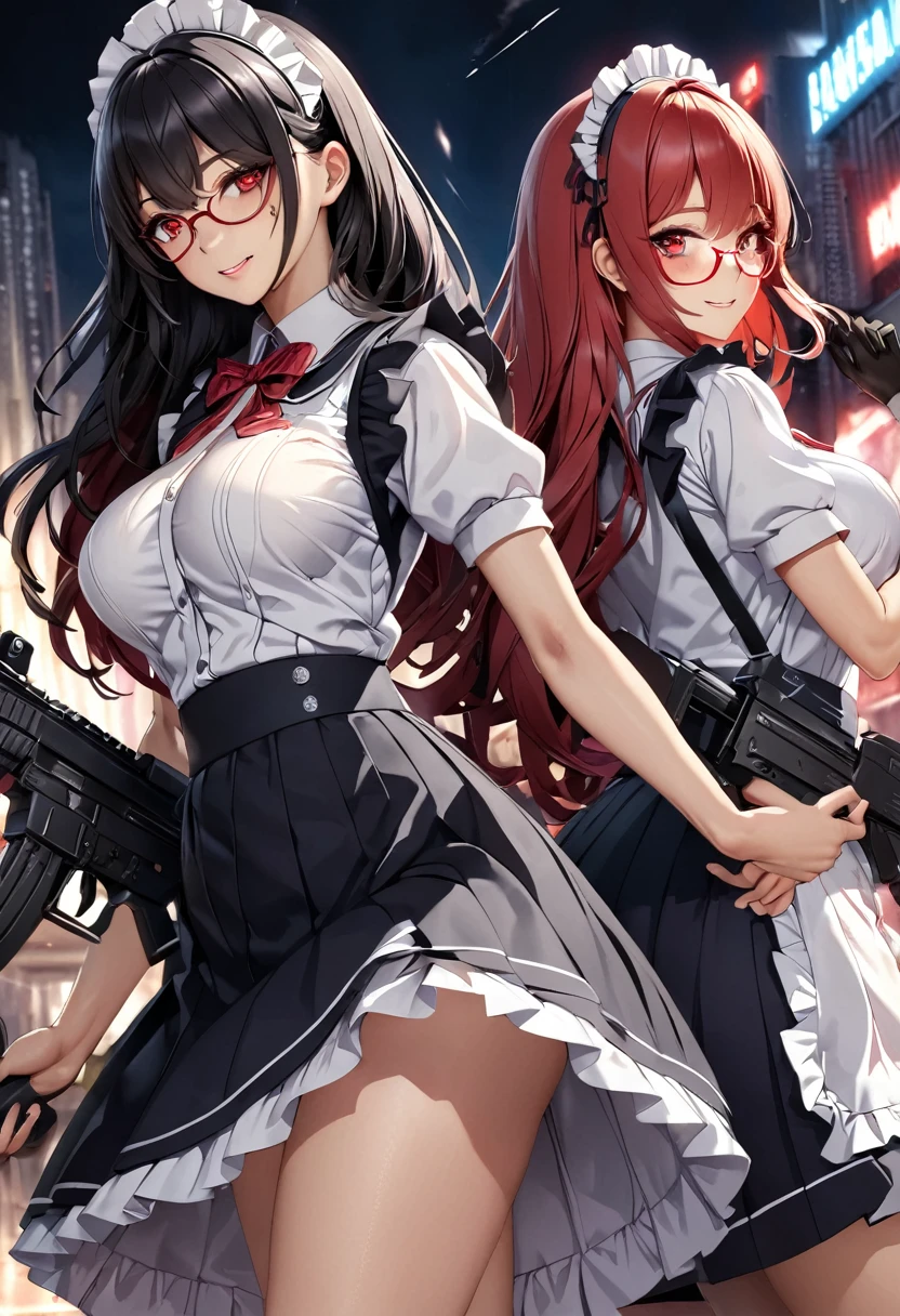 (Perfect Anatomy)、Mastepiece、Ultra High Quality、 8K、Photorealistic、masterpiece、highest quality、Ultra-high resolution、Maximum resolution、Very detailed、Professional Lighting、anime、Adult female、thin、so beautiful、Highly detailed eye、Draw the whole body、high school girl、Maid clothes、Equipped with an assault rifle、(((Scar L )))、Red Eye、Black Hair、Long hangerless gloves、Red glasses、Join the battlefield alone、Holding a gun with both hands、Attack without mercy、smile、Blood splatter
