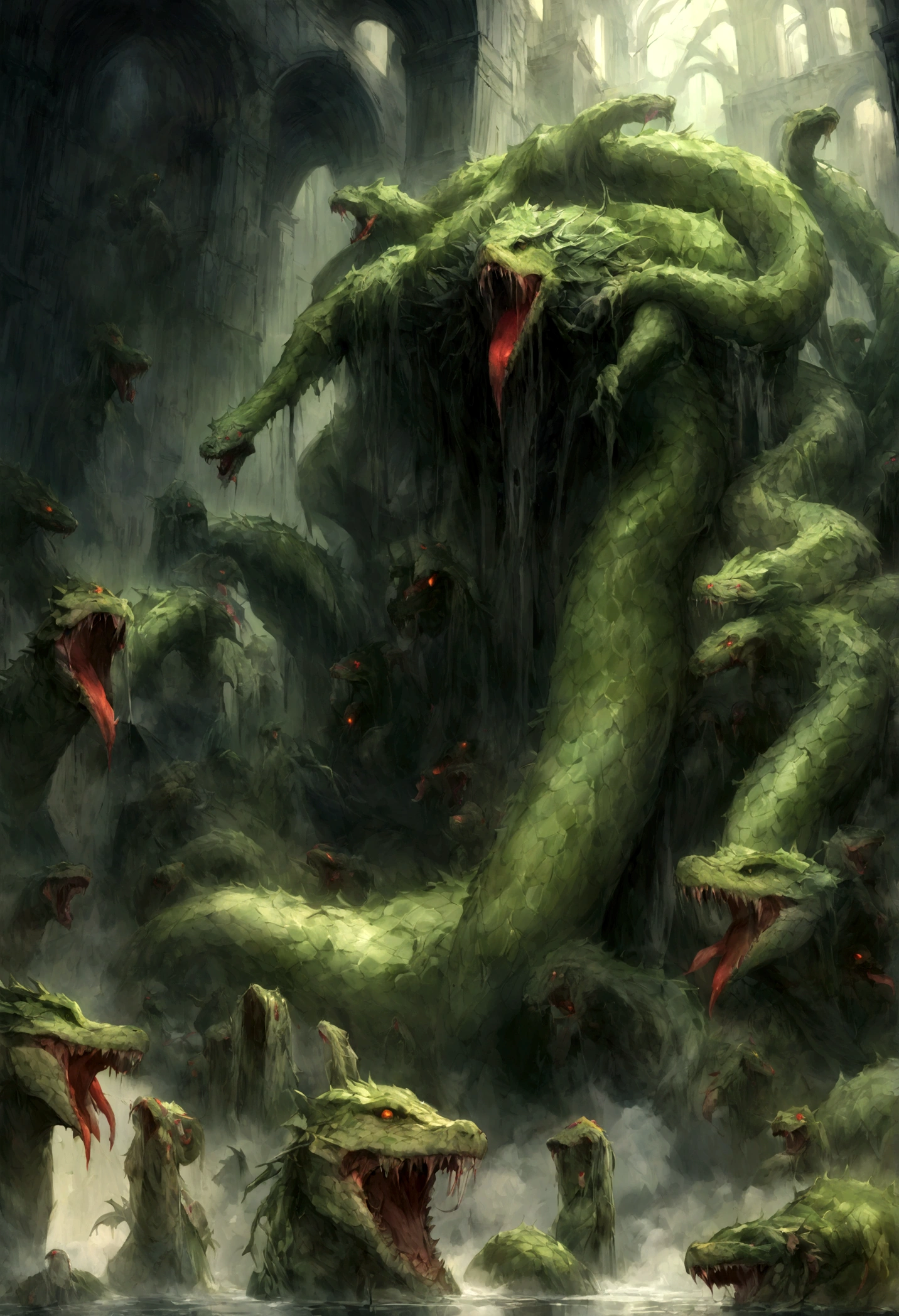 n oil painting, Coming down from the sky, A breathtaking masterpiece, Vivid, Caravaggio, 8K，angelicales，Lots of people，Fallen Angel，Duel Night Battle Angel vs Human Many People，9 people prompt:「Appears in Greek mythology、A terrifying many-headed snake monster that grows two heads for every one that is severed、A super-realistic reproduction of the Lernean Hydra、Museum quality rendering。 The main body is a huge, muscular, lizard-like creature at least 50 feet long.、It should be covered in rough green scales and sharp spikes.。The underbelly is sickly yellow/It is green in color.。Body low to the ground、The ends of its thick legs are wicked claws that dig into the ground.。 Nine snake-like necks extend from the body.、Each one is a good 20 feet long.、It is as thick as a tree trunk。On each neck、Red glowing eyes、Flared nostrils spewing toxic green smoke、A cavernous mouth filled with dagger-like fangs、It has a black forked tongue that drips acidic venom.、It has a giant dragon-like head。 The head is、As if they were fighting each other、twist、With a groan、Must be placed in a chaotic state。Dramatic lightingと深い影を使用して、Highlights the tangled mass of hideous mass full of scales and teeth。 In the background、Muddy water and、骨が散らばったtwistた木々You need a toxic environment like a swamp.。Collapsed columns and ancient Greek ruins、You can see it slowly being swallowed by the rotten swamp.。this is、It&#39;s a sign of Hydra&#39;s power to destroy even the greatest civilizations.。 The overall atmosphere is、Primitive and unstoppable evil、In other words、It is necessary to convey a sense of immortality and regenerative terror that all human effort is in vain.。Of pure malice and destruction.、Capture the essence of an immortal, world-devouring demon。」 This detailed prompt is available in the、From a giant snake-like body and numerous dragon-like heads、Even the desolate swampy environment in which they live、Covers all the main features of the Lernean Hydra。Photorealism、Dramatic lighting、and emphasizes the atmosphere of primal, unstoppable malevolence.。９A picture emphasizing the two heads

