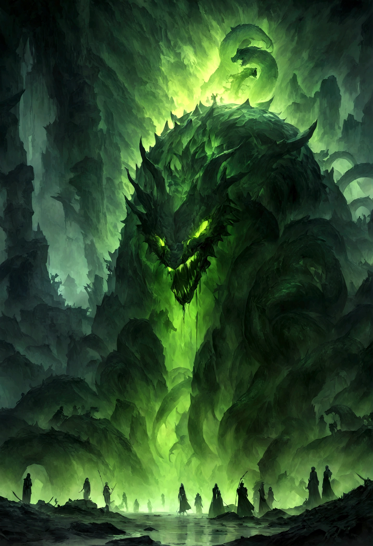 (Extremely detailed 8k wallpaper), a terrible vampire fear elder, complex, highly detailed and dramatic, scary creature, green and black colors, shade of terror --auto --s2