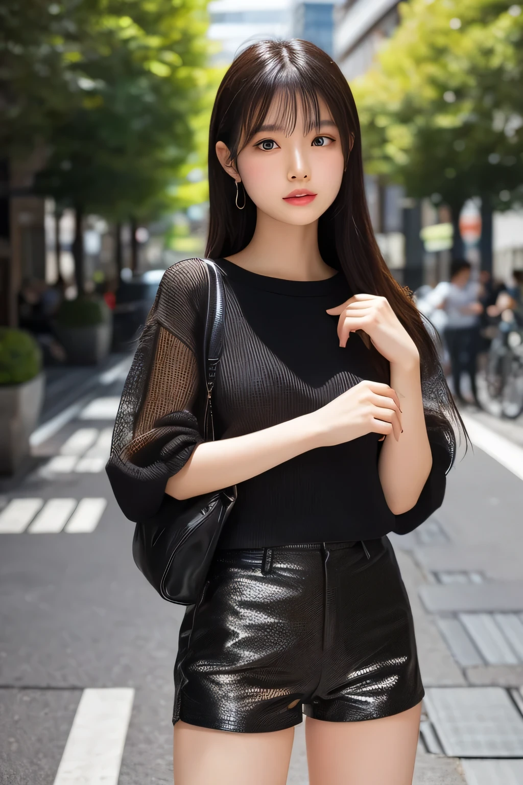 High quality, best quality, 4k, 8k, photorealistic A 20 year old Japanese woman is standing outdoors in a bright sunny day. She has shiny black hair in a ponytail, beautiful sparkling black irises, and is wearing a black wire mesh sweater and small red shiny shorts. She has her hands clasped together in a natural pose. The background is blurred, but some greenery and buildings are visible, giving the feeling of being in a well-maintained urban area.