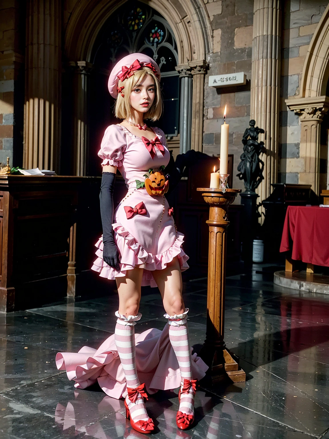 (1 lady), The beautiful, (Best quality at best:1.4), (ultra - detailed), (extremely detailed CG unified 16k), gold blonde hair, very detailed, High-definition RAW color photo, professional photoshooting, amazing face and eyes, cosmetics, (amazingly beautiful girl), ((lambdadelta, tall woman, taller)), ((dress, shoes bow, red shoes, striped stockings, red bow, pink hat, necklace, gloves, pearl, pumpkin brooch, pink dress)), standing, sexyposture，(Dark and stylish cathedral, stained glass, altar, before the altar, candle lights, candle lights:1.3), (look from down), realistic cinematic face, head to feet long wide zoomed out view, full body long view, photorealistic, ((realistic natural blonde hair style, honey eyes)), gorgeous, extremely beautiful face, perfect model beauty, pout mouth, flirting smile, cleavages, city girl, western, shopping in the city, (masterpiece), best quality, high resolution, extremely detailed, blurred background, depth of field, cinematic lighting, (amazing legs, strong legs, athletic legs), high heels, clear and well-cared skin