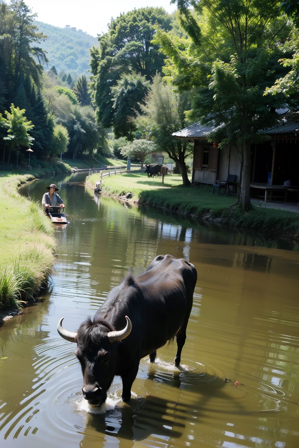 Anhui Rural Areas，An old Chinese farmer leads a water buffalo，by the lakeside，Best quality，masterpiece