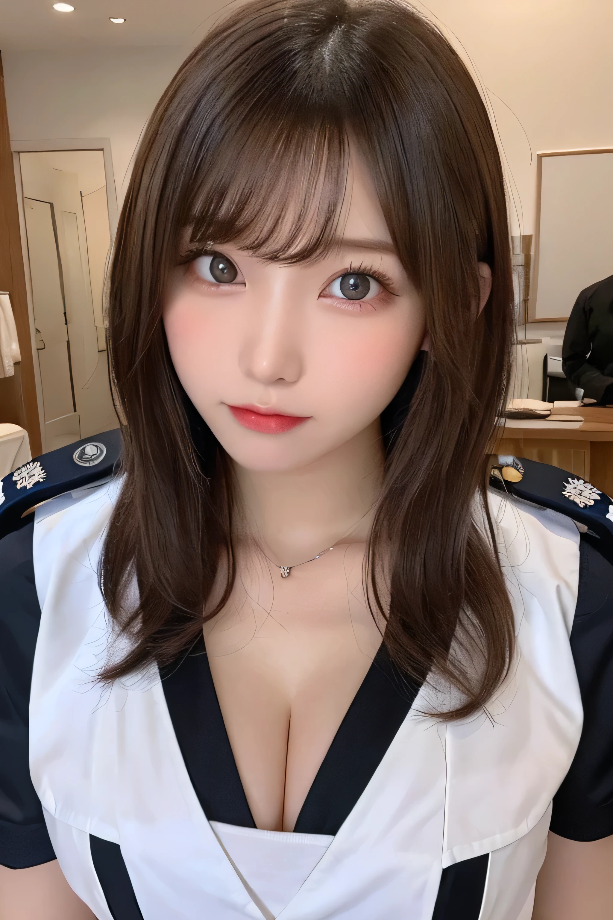 Tabletop, highest quality, One Girl, (beautiful girl:1.3), (18-year-old:1.3), Very good eye clarity, (Symmetrical eyes:1.3), (Police Costume:1.2), Beautiful breasts,Big Breasts,Big Breasts,Visible cracks, Brown eyes, Parted bangs, Brown Hair,Police uniform revealing cleavage,erotic,The finer details