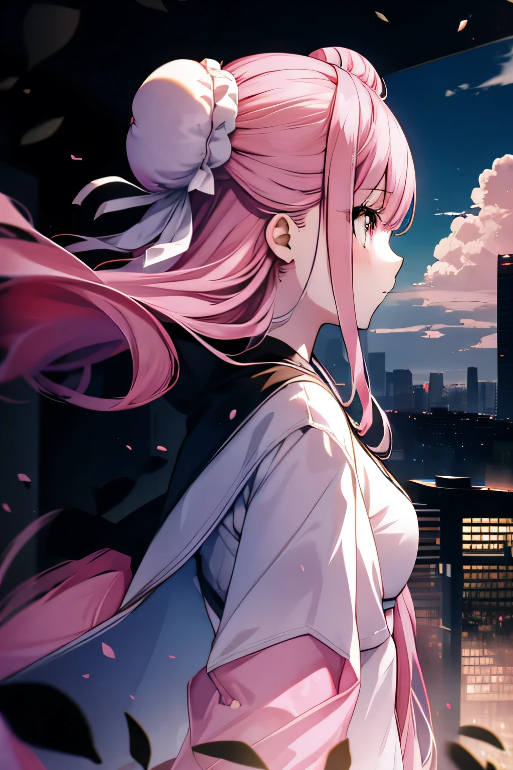 anime,silhouette,One girl, star (null), cloud, cityscape, building, city, Outdoor, nullscraper, city lights, night, night null, sunset, nullline, (Hair Ribbon:0.4),(((White bun hair))),(((Long pink hair))),