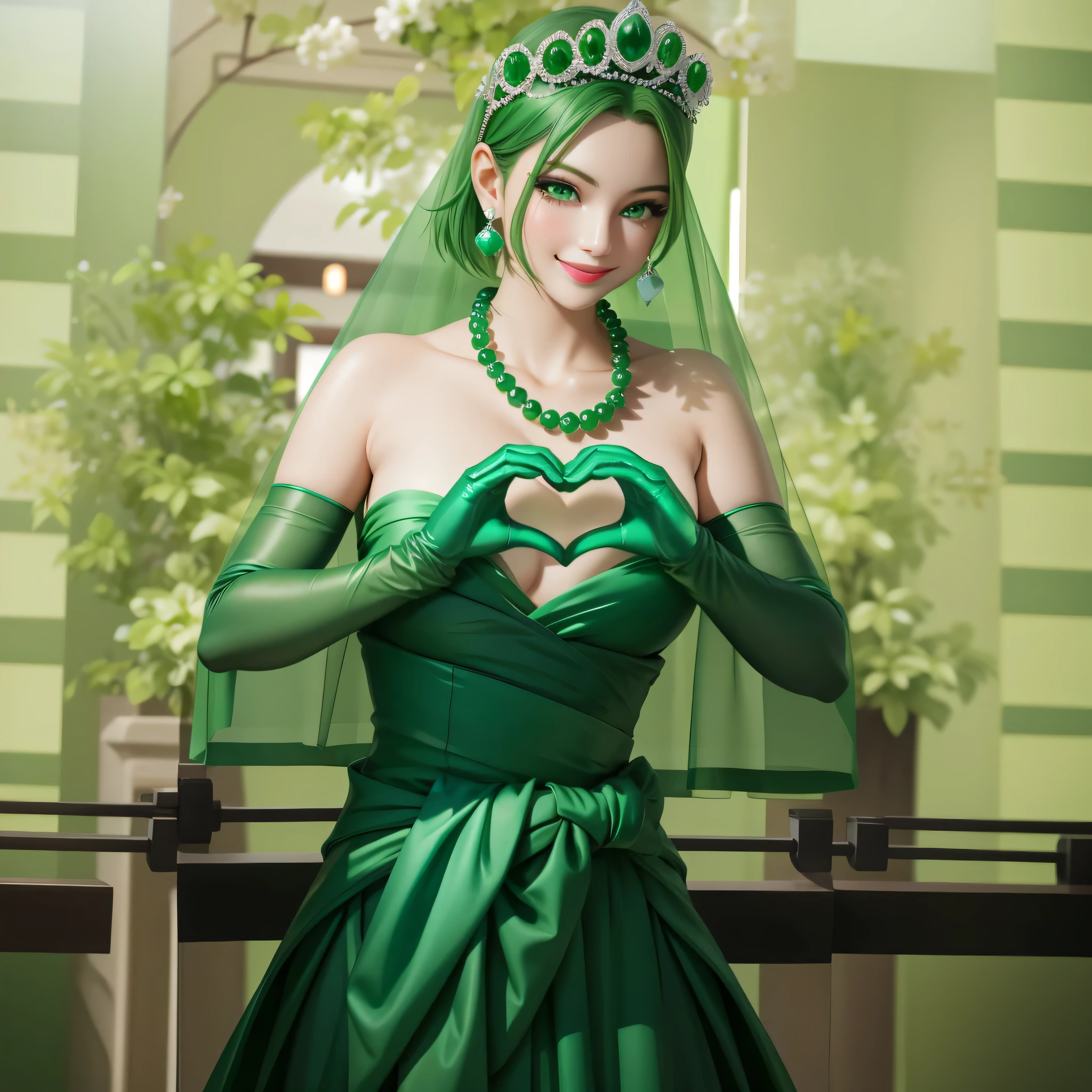 Emerald tiara, Green Pearl Necklace, Boyish very short green hair, Green Lips, Smiling Japanese woman, Very short hair, Busty beautiful lady, Green Eyes, Green satin long gloves, Green Eyes, Emerald Earrings, Green veil, Heart with both hands, Green Hair, Beautiful Japanese Women, Heart shaped hands:1.3, green lip gloss