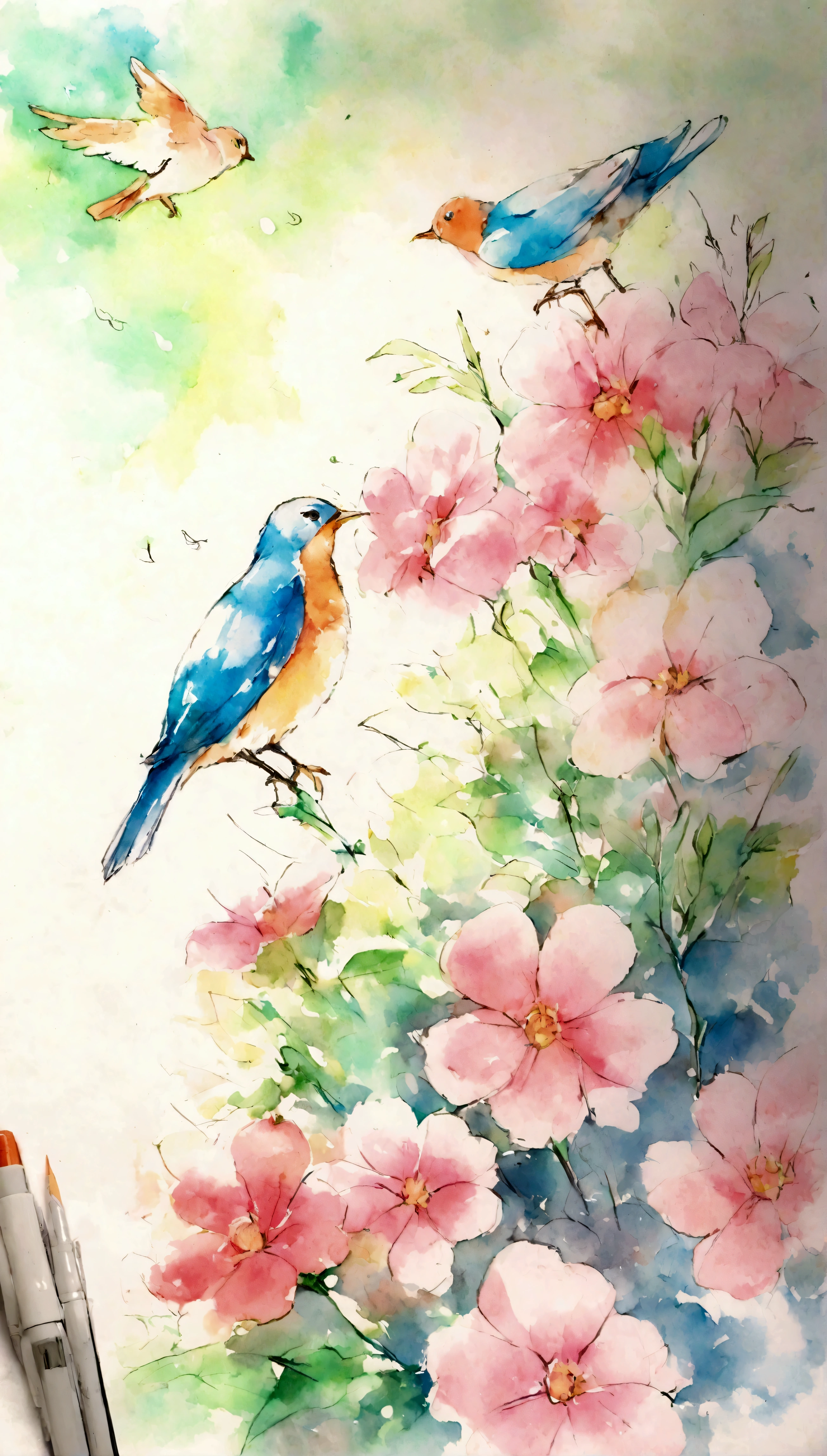 Flowers and birds, sketching, Watercolor color.