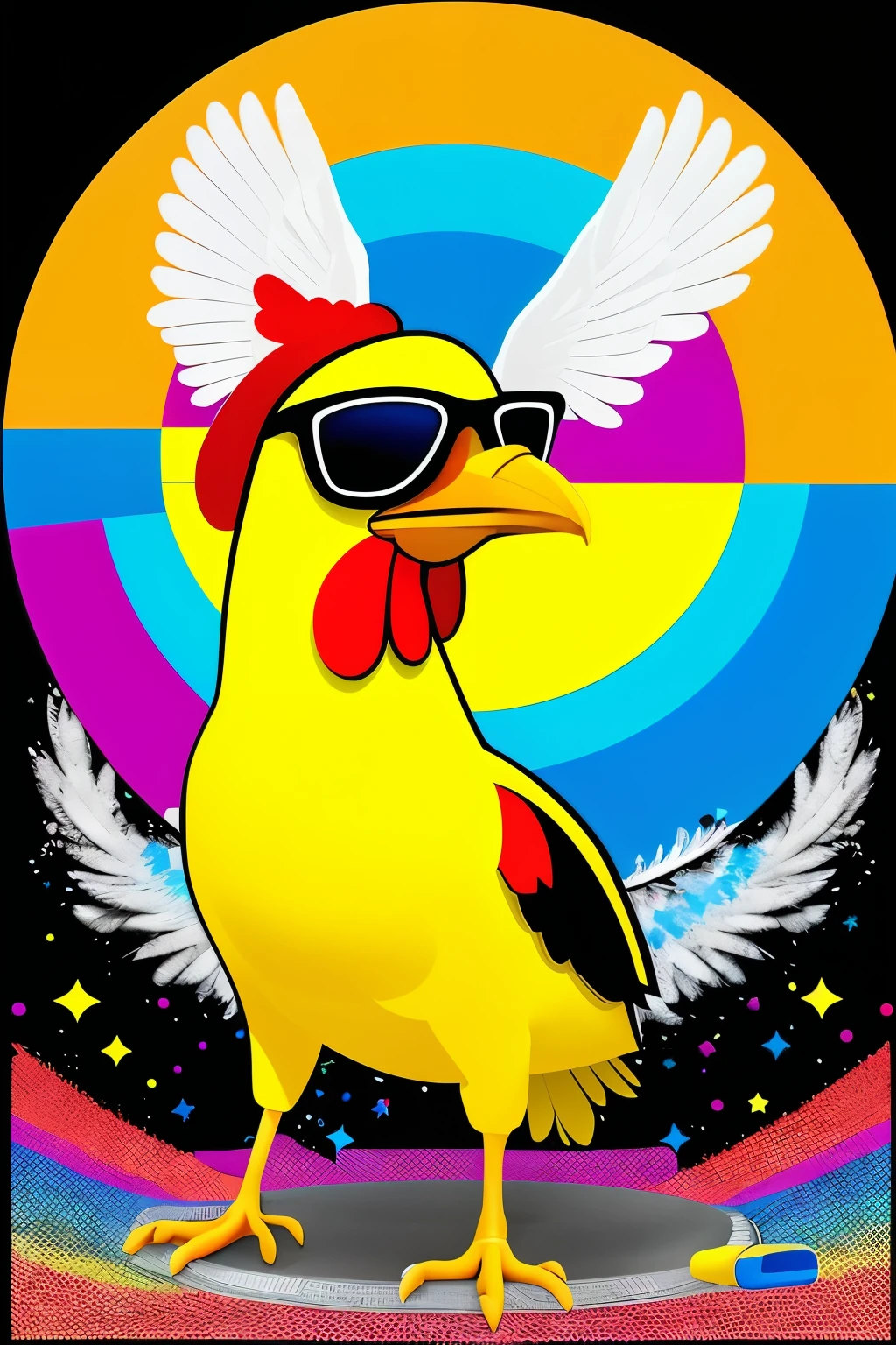 A vibrant and dynamic masterpiece inspired by the grafismo style, featuring a diverse and playful array of geometric figures that seem to dance across the canvas. The colors of the rainbow burst forth, reminiscent of the exuberant works of Romero Britto and Salvador Dali. At the center of the composition, a charming dog stands confidently, while a domestic chicken wears sunglasses and DJ headphones, its talons delicately manipulating a thought that seems to float in the air. The contrast between the black and white background adds to the confusion of memory, as the face of the angola chicken with its enormous wings, beak, microphone, and headphones captivate the viewer with their penetrating gaze. The sunglasses worn by the chicken intensify the juxtaposition of bold colors